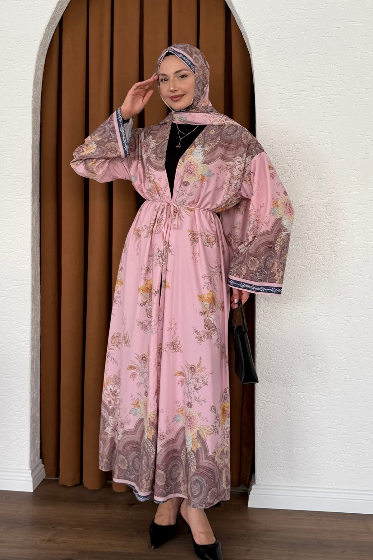 Şallı Fularlı Empirme Desenli Uzun Kimono-PEMBE