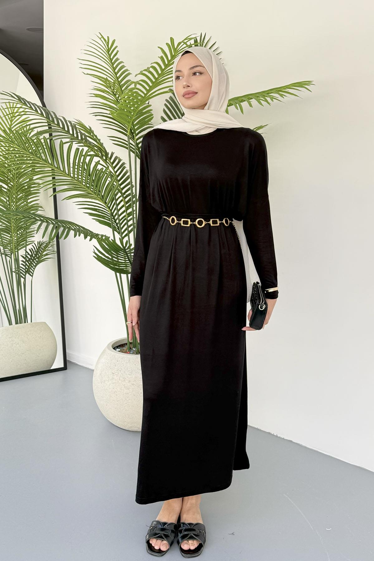 Sandy Kumaş Tesettür Elbise-SİYAH