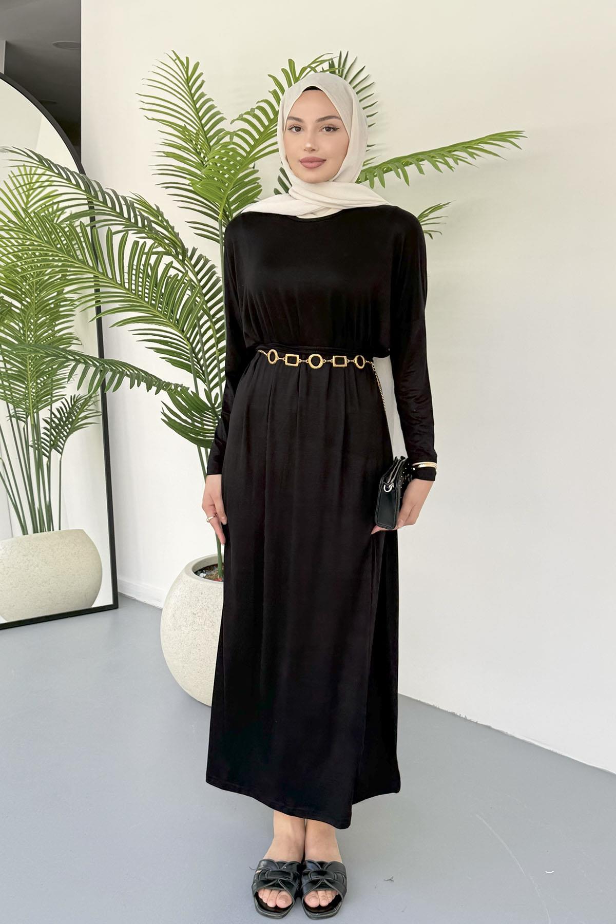 Sandy Kumaş Tesettür Elbise-SİYAH