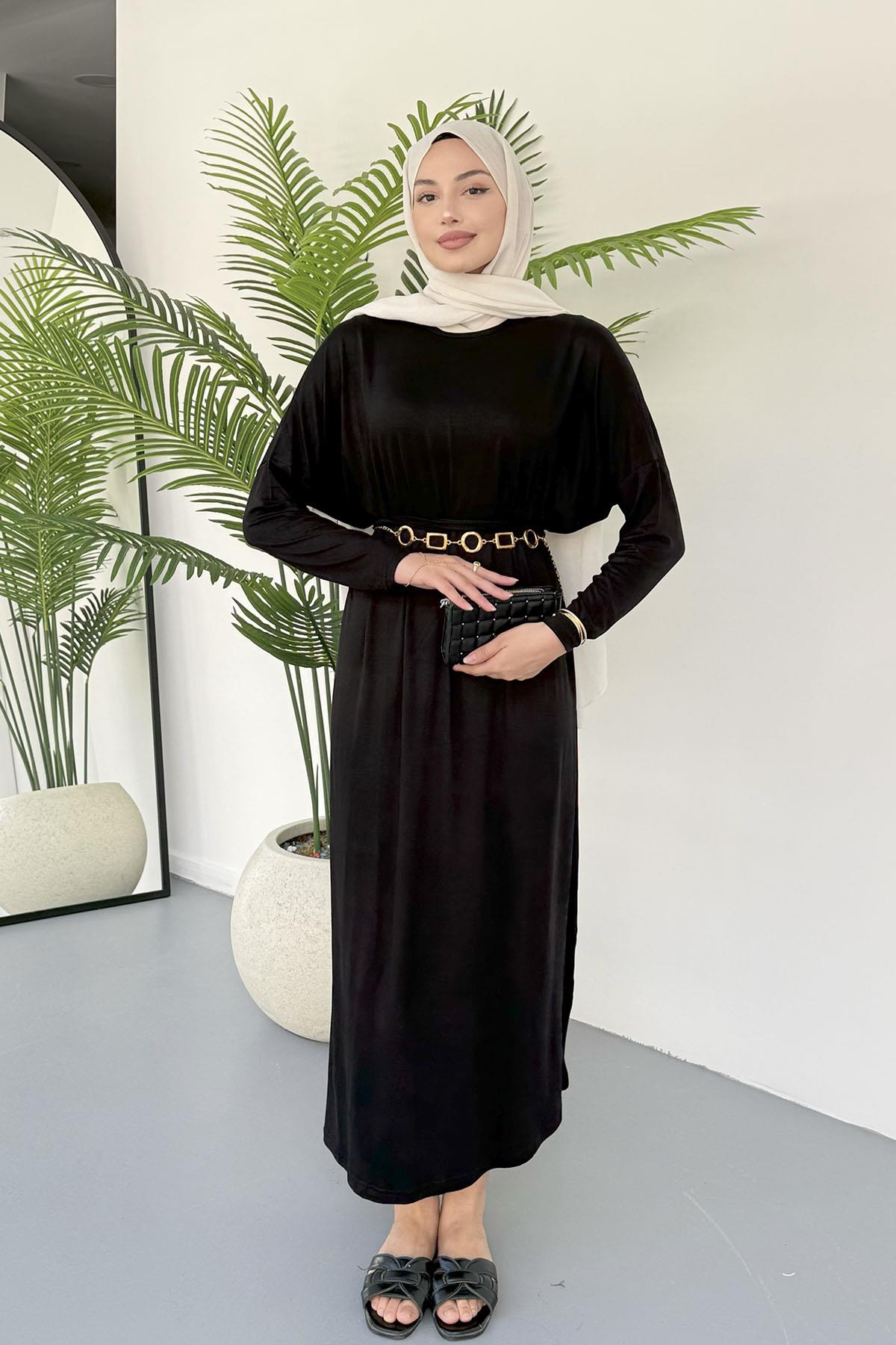 Sandy Kumaş Tesettür Elbise-SİYAH