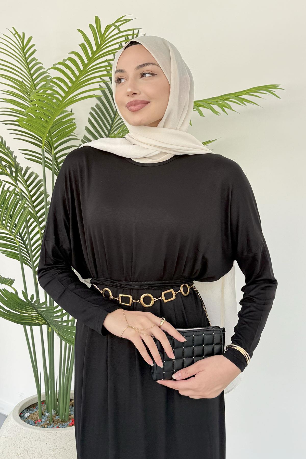 Sandy Kumaş Tesettür Elbise-SİYAH