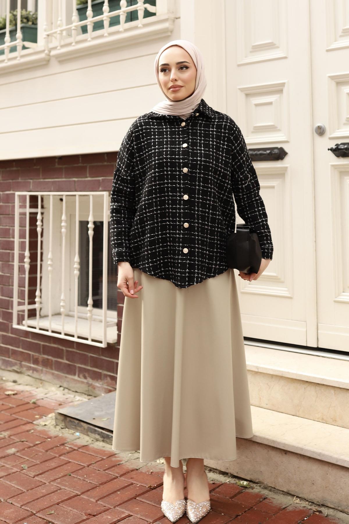 Şanel Gold Düğme Detay Gömlek-SİYAH