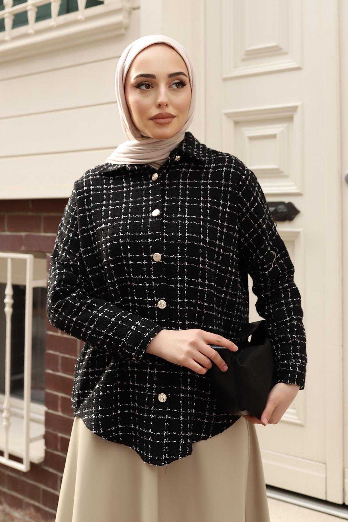 Şanel Gold Düğme Detay Gömlek-SİYAH