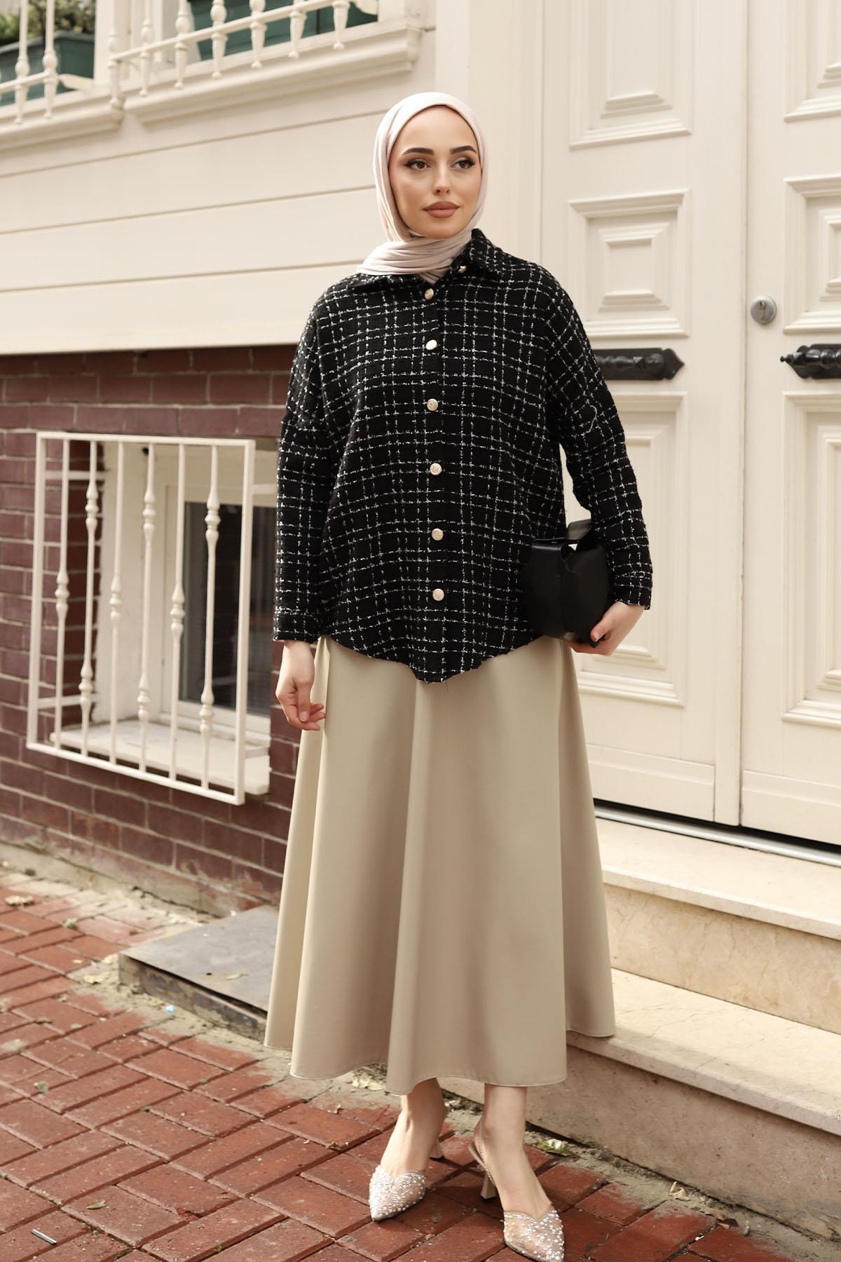 Şanel Gold Düğme Detay Gömlek-SİYAH