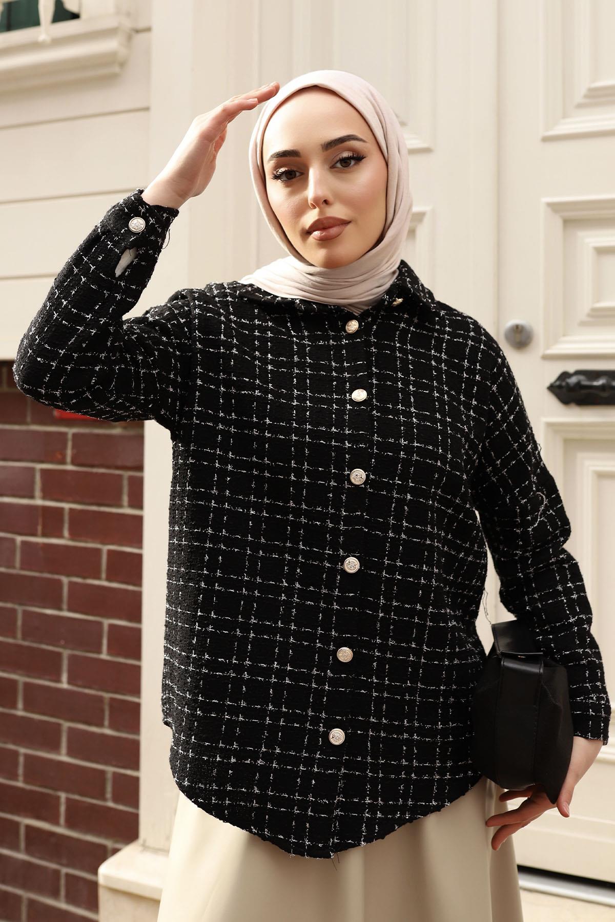 Şanel Gold Düğme Detay Gömlek-SİYAH