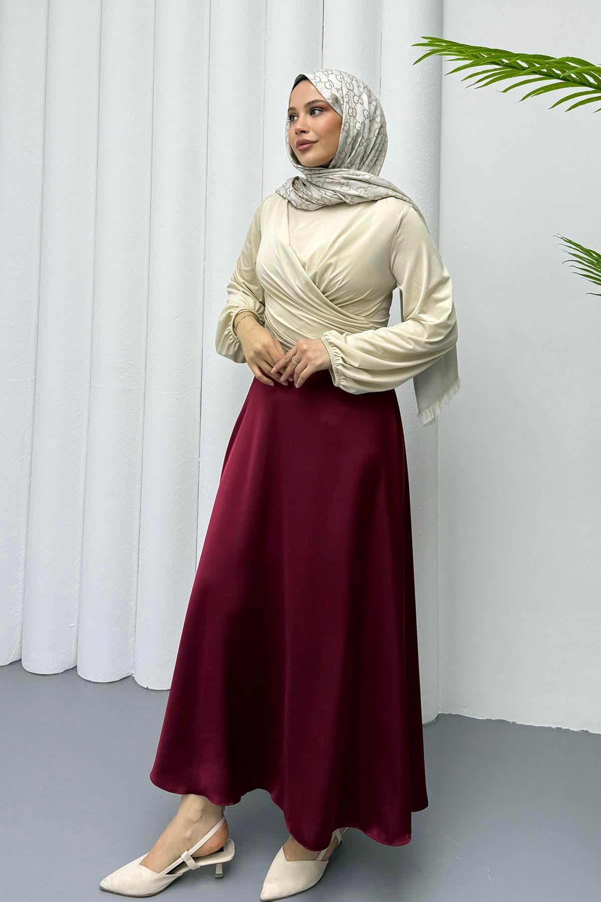 Saten Kiloş Etek-VİŞNE RENGİ