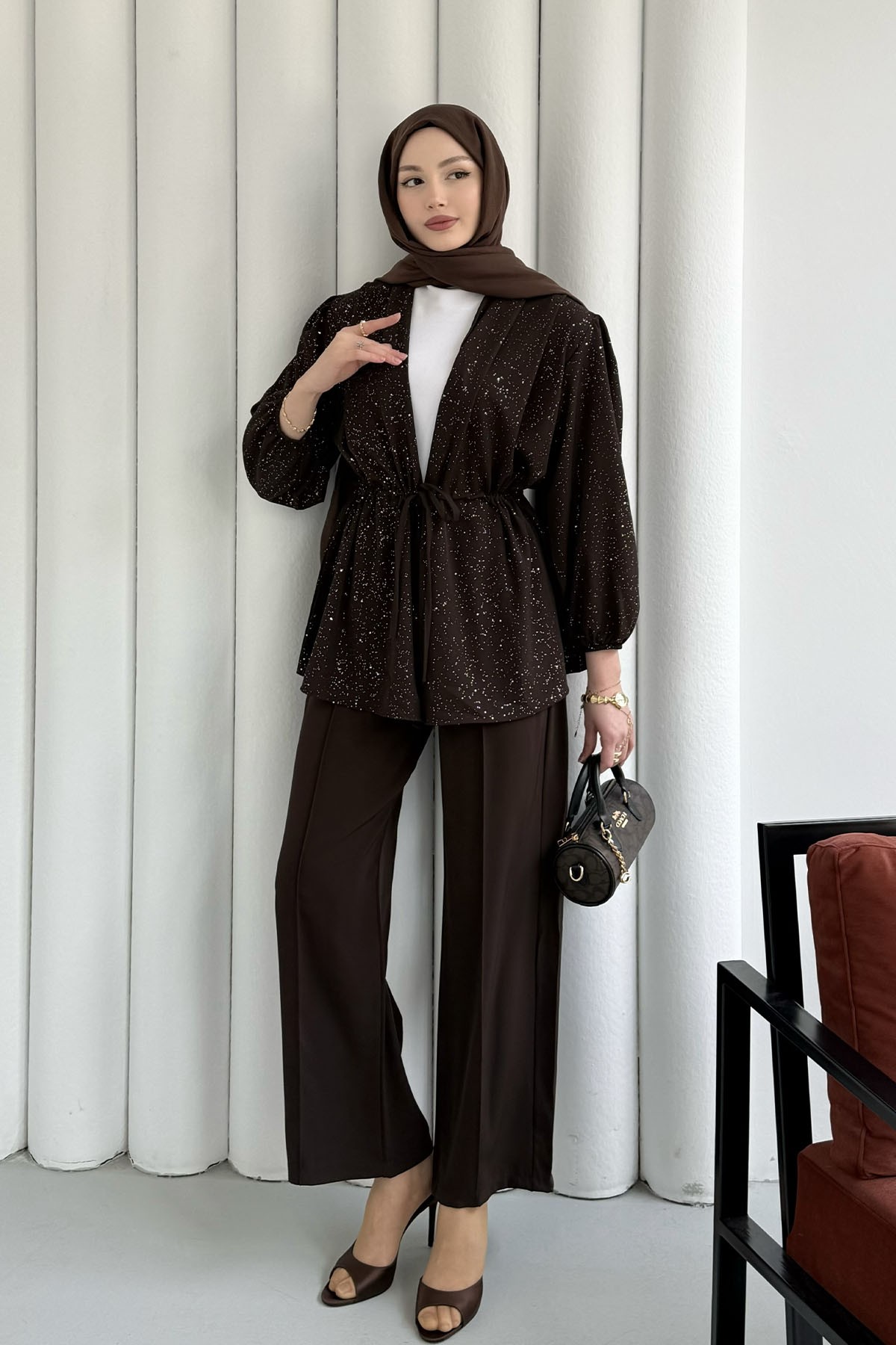 Serpme Taş İp Bağçıklı Kimono Tesettür Takım-KAHVERENGİ