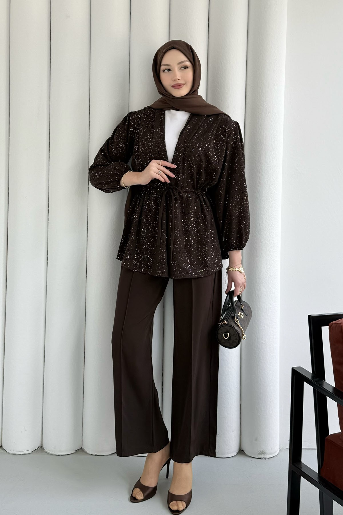 Serpme Taş İp Bağçıklı Kimono Tesettür Takım-KAHVERENGİ