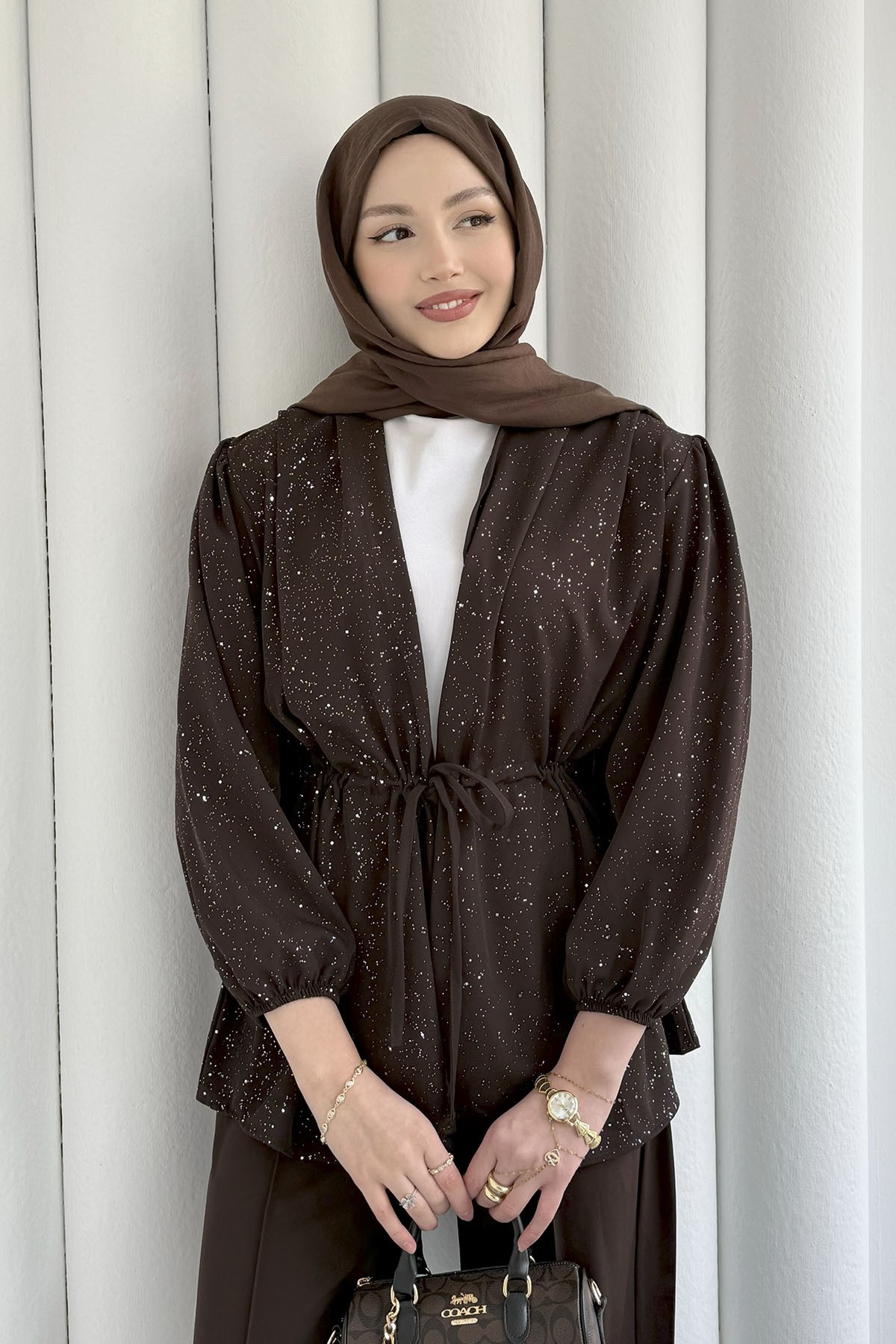 Serpme Taş İp Bağçıklı Kimono Tesettür Takım-KAHVERENGİ