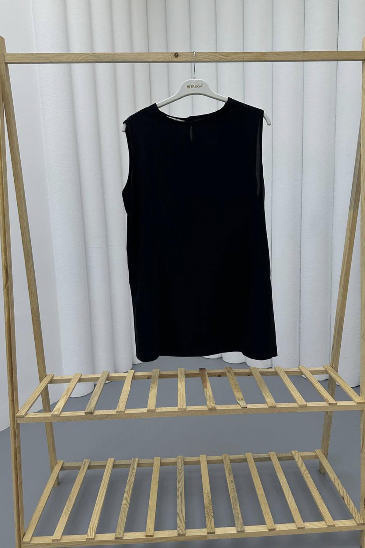 Sıfır Kol Saten İçlik-SİYAH