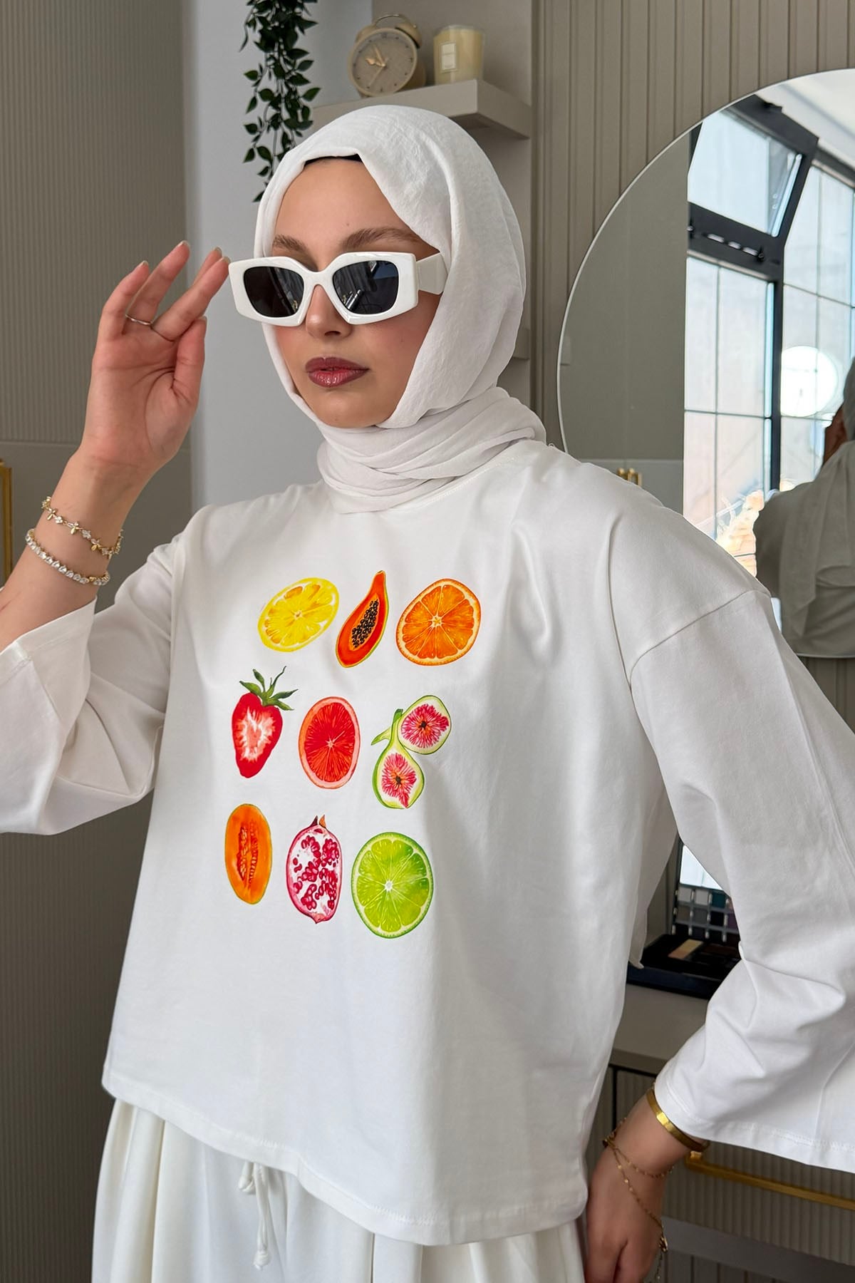 Summer Baskılı Oversize Bluz-BEYAZ