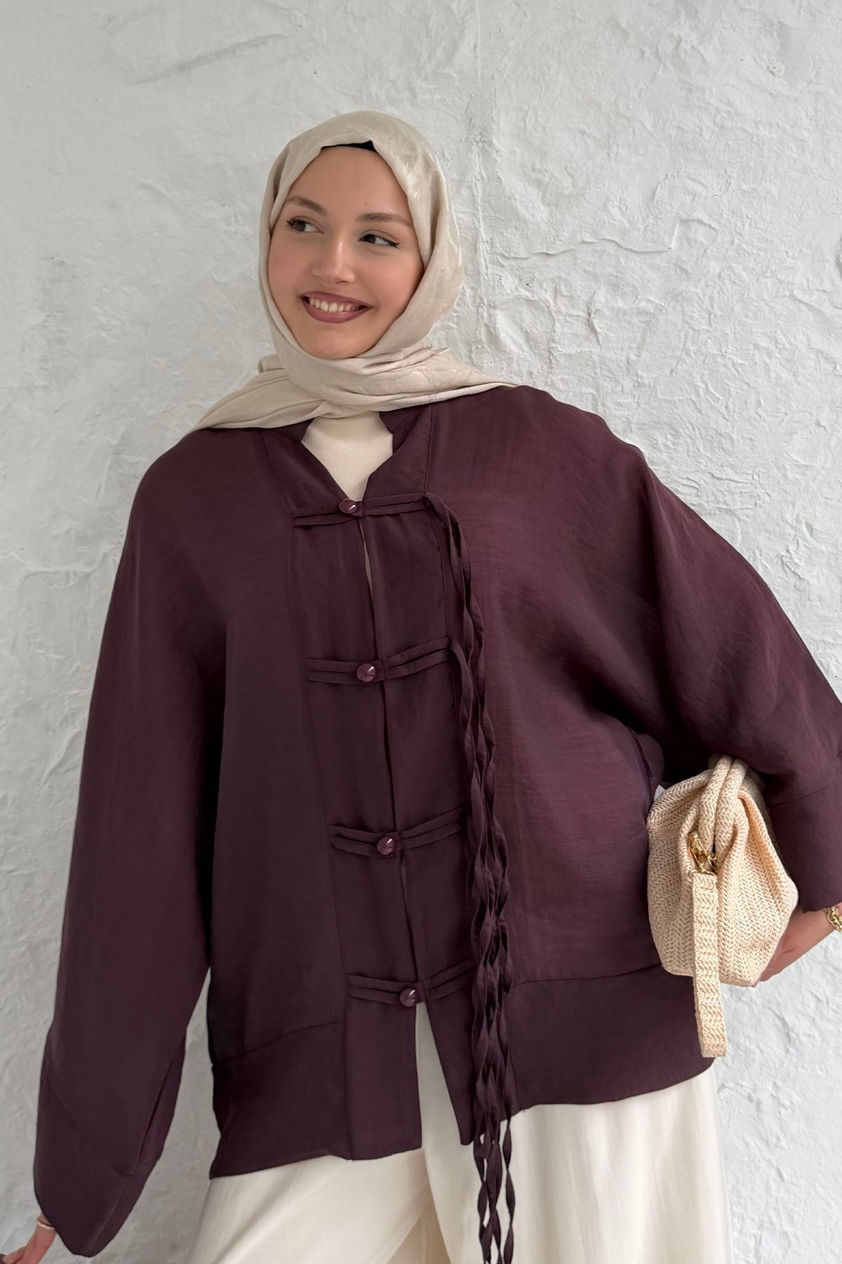 Süslü Düğme Detaylı Oversize Gömlek-BORDO