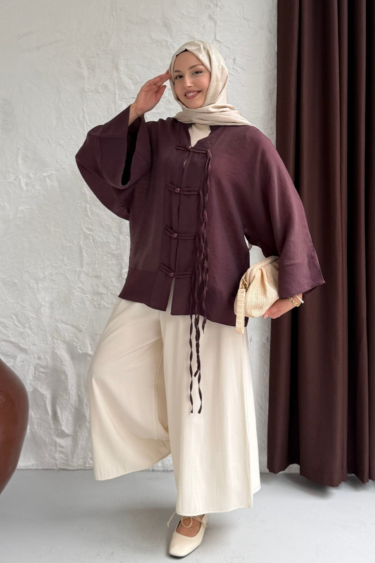 Süslü Düğme Detaylı Oversize Gömlek-BORDO