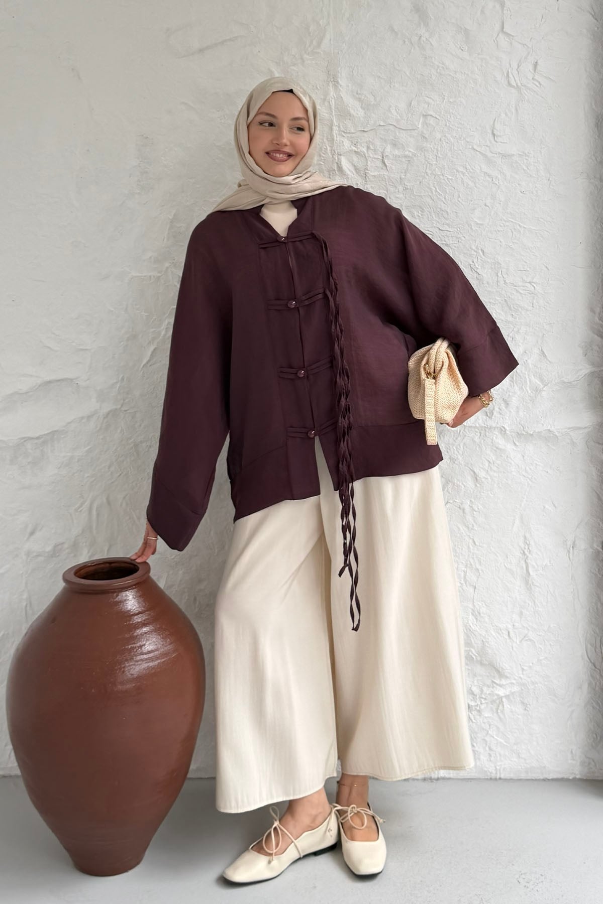 Süslü Düğme Detaylı Oversize Gömlek-BORDO