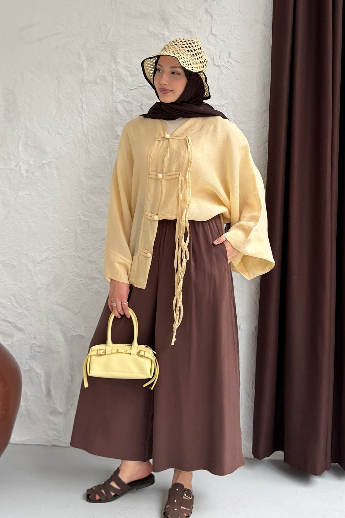 Süslü Düğme Detaylı Oversize Gömlek-SARI