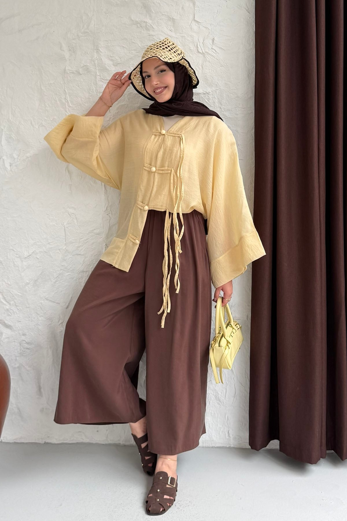 Süslü Düğme Detaylı Oversize Gömlek-SARI