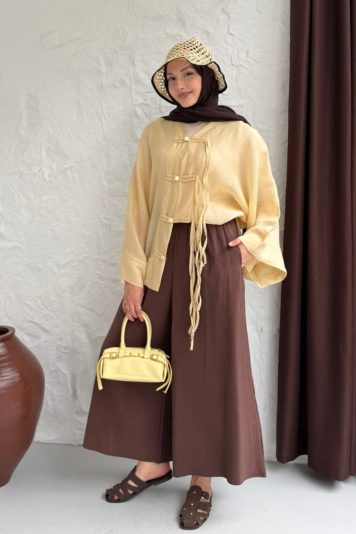 Süslü Düğme Detaylı Oversize Gömlek-SARI