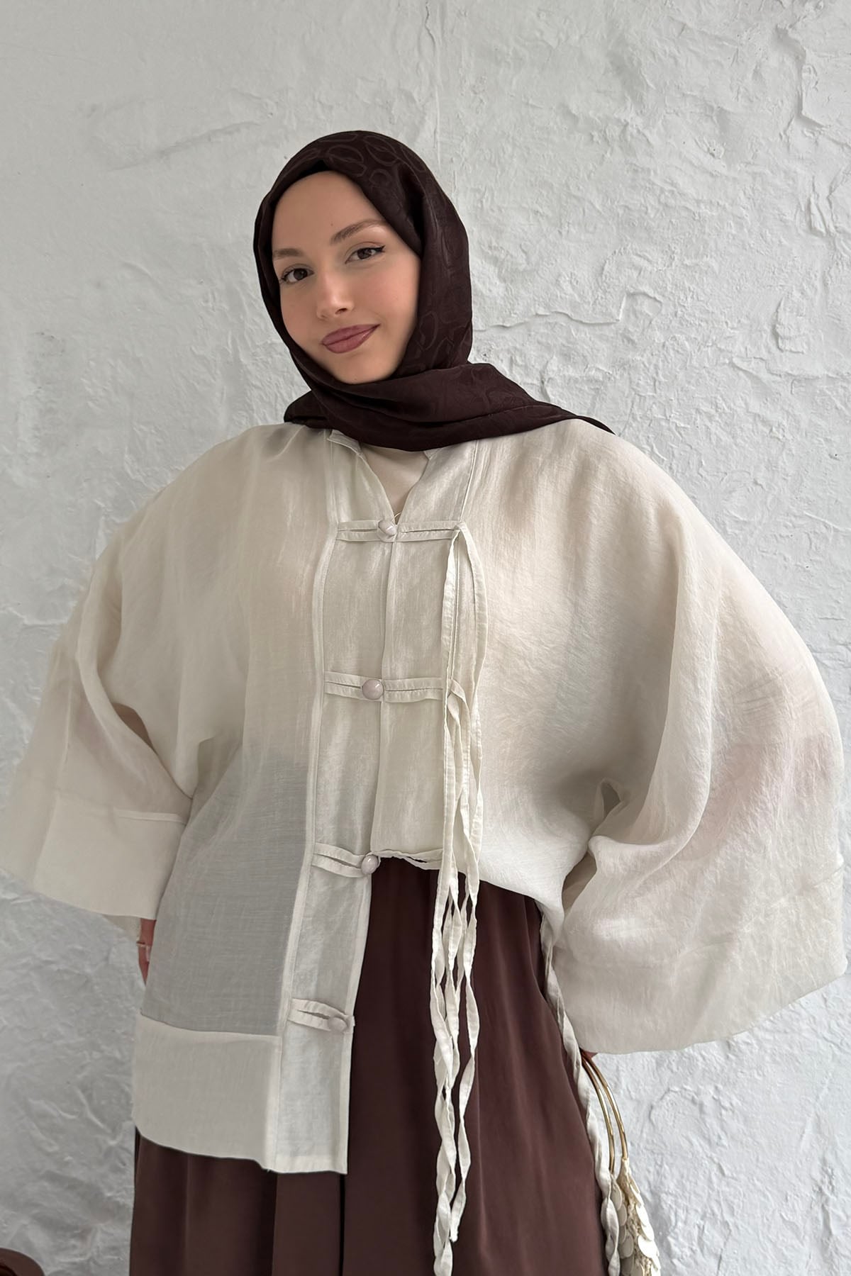 Süslü Düğme Detaylı Oversize Gömlek-TAŞ