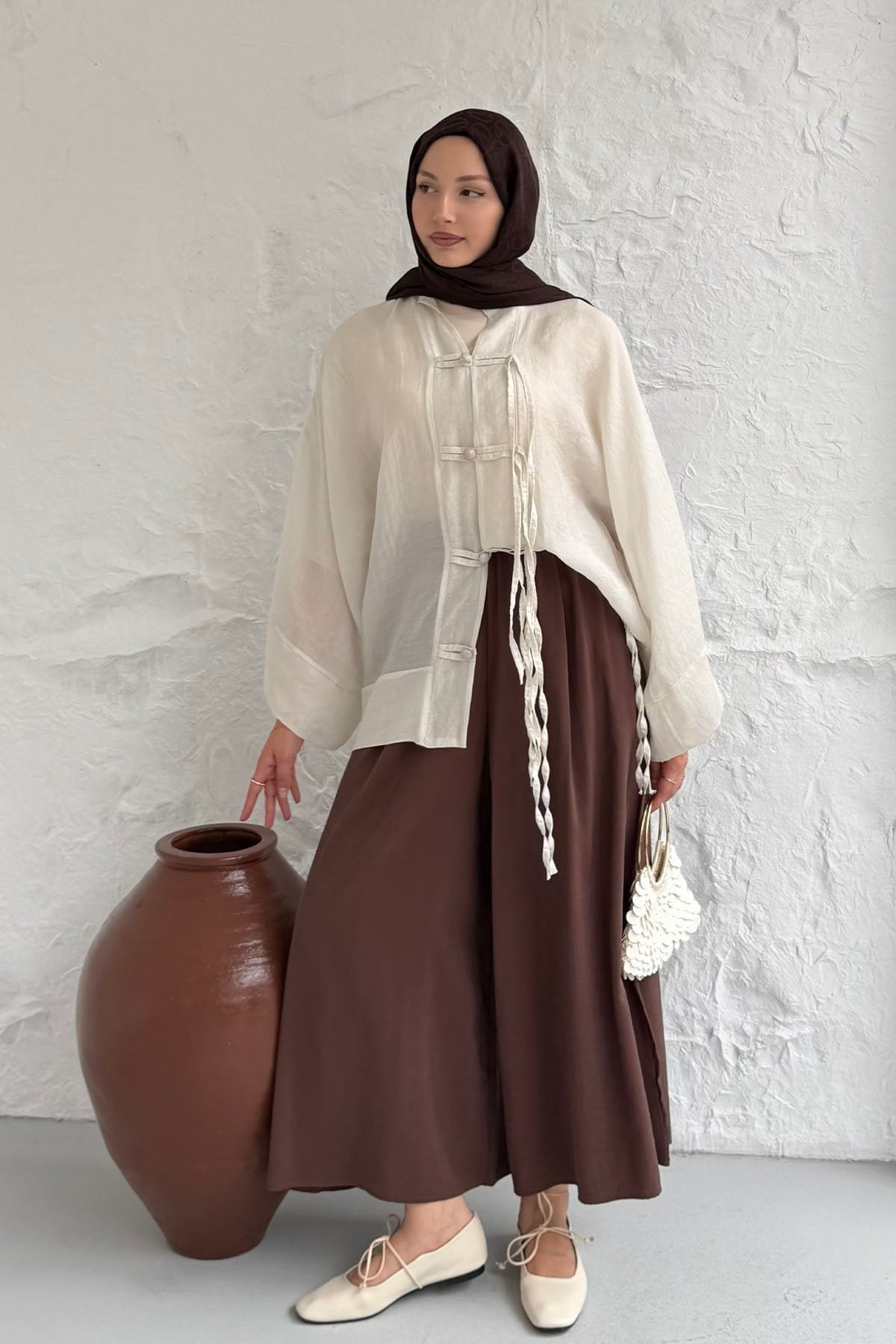 Süslü Düğme Detaylı Oversize Gömlek-TAŞ