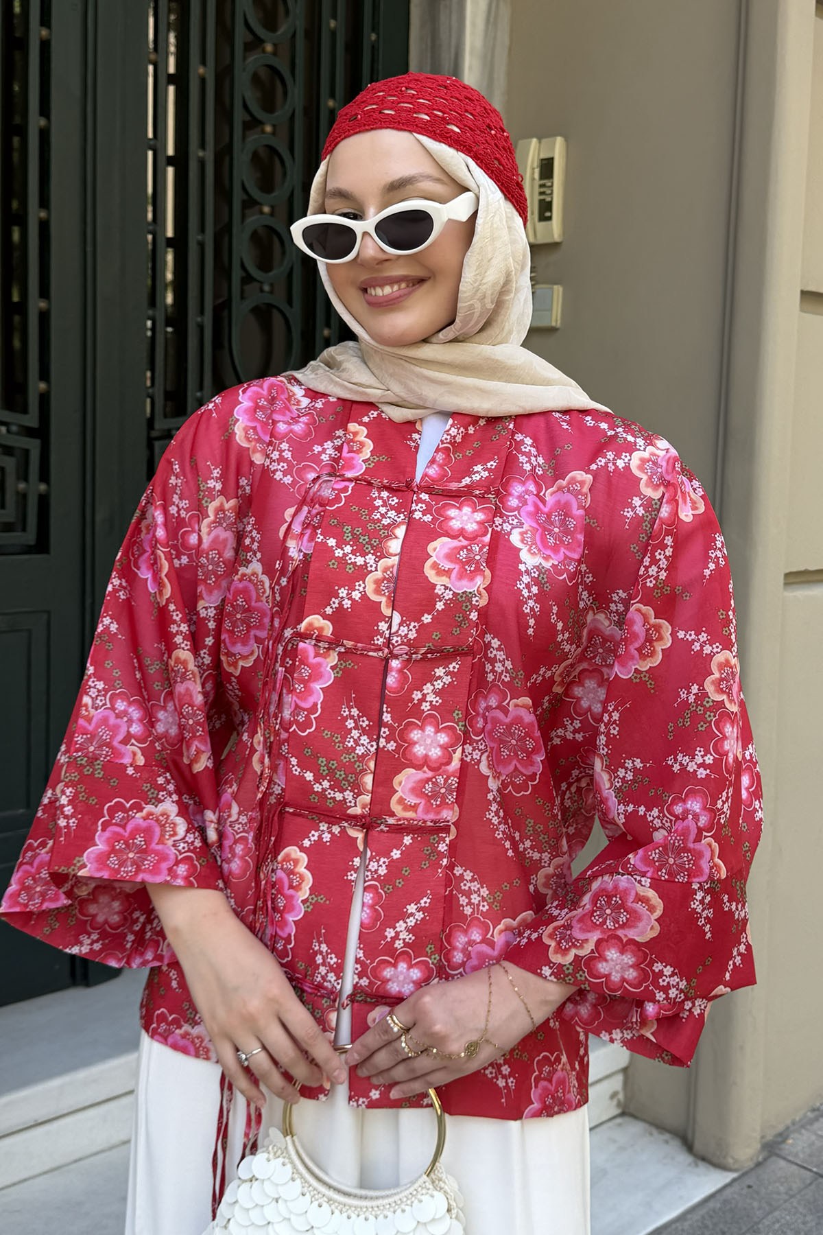 Süslü Düğmeli Dijital Baskı Bohem Motif Kimono-KIRMIZI