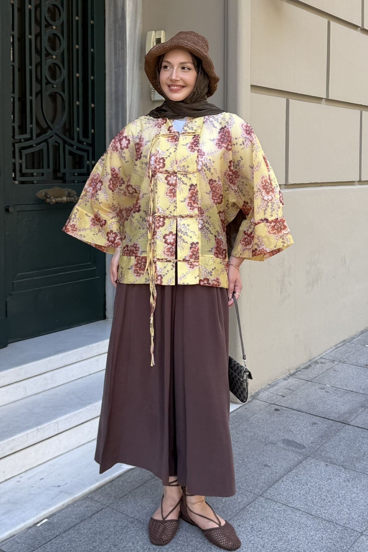 Süslü Düğmeli Dijital Baskı Bohem Motif Kimono-SARI