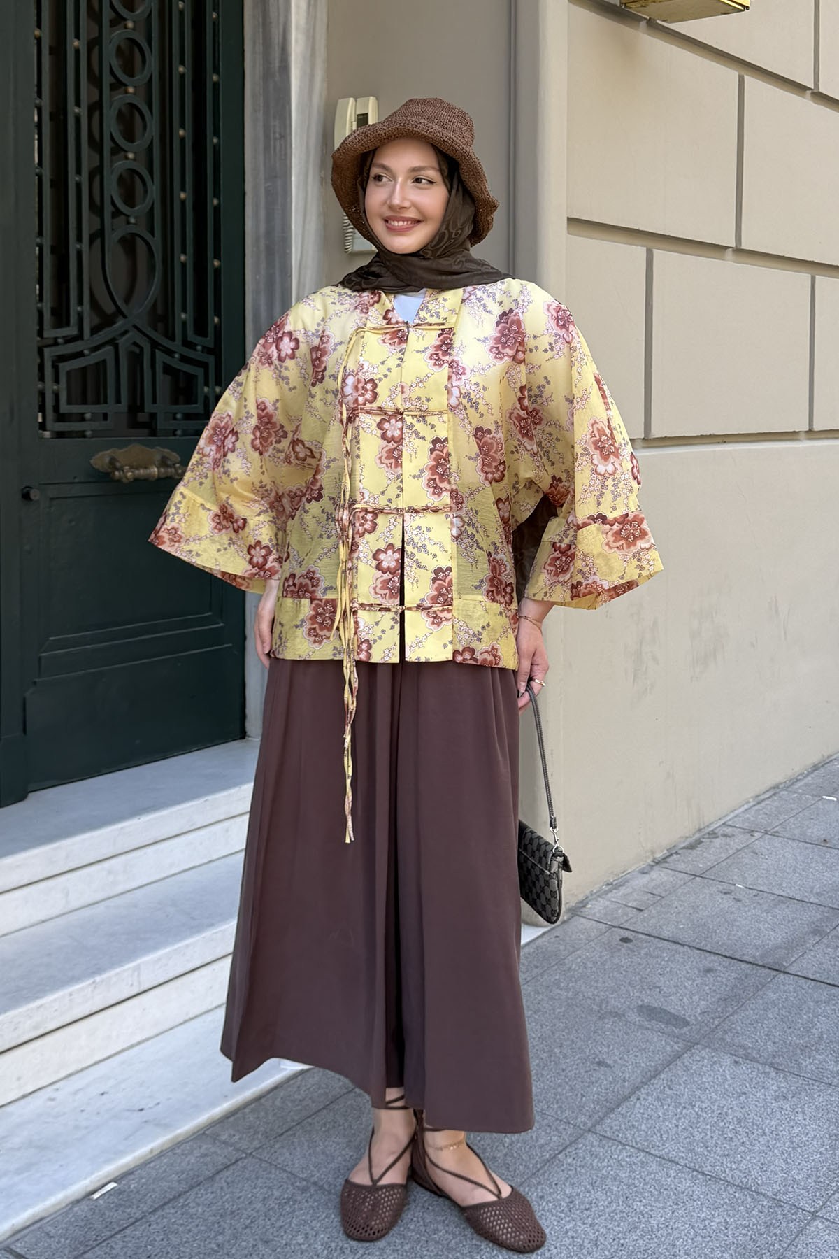 Süslü Düğmeli Dijital Baskı Bohem Motif Kimono-SARI