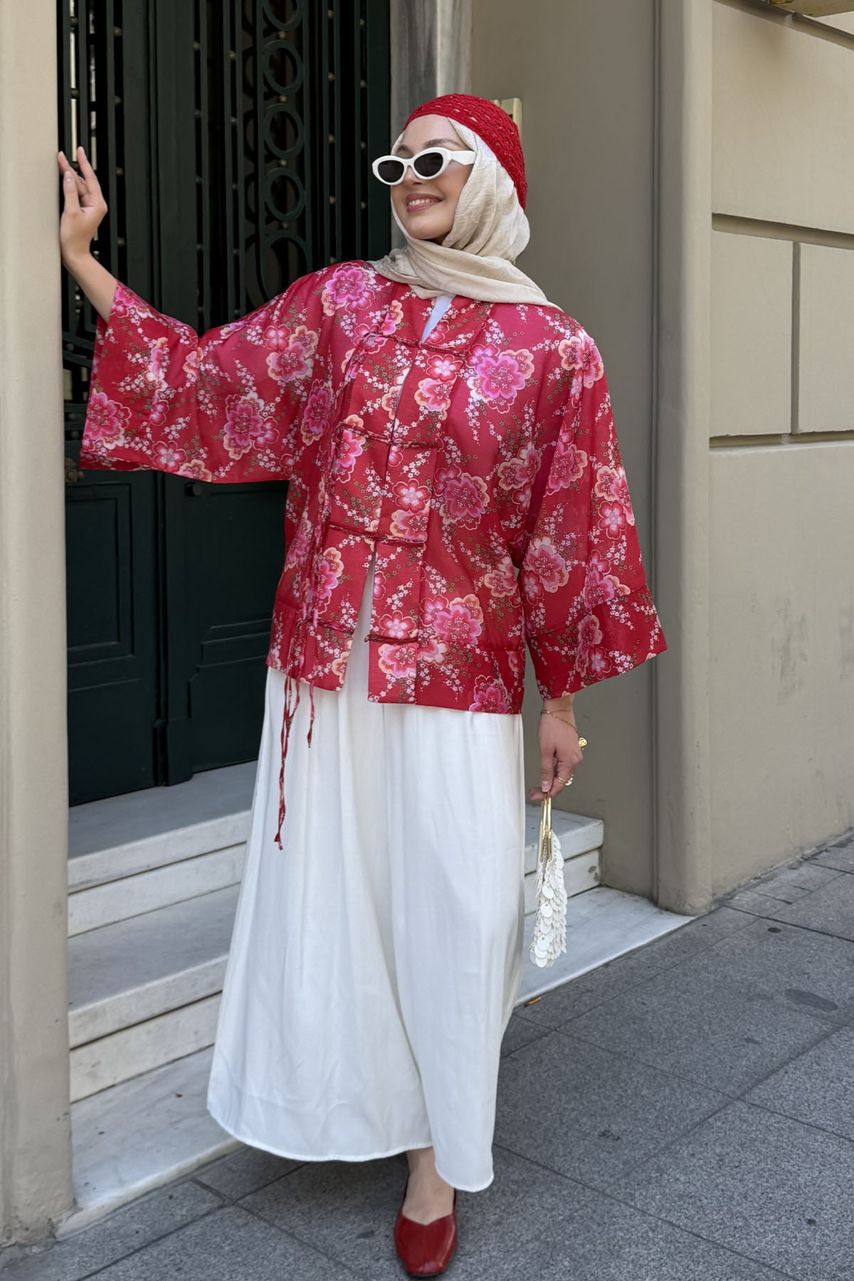 Süslü Düğmeli Dijital Baskı Bohem Motif Kimono-KIRMIZI