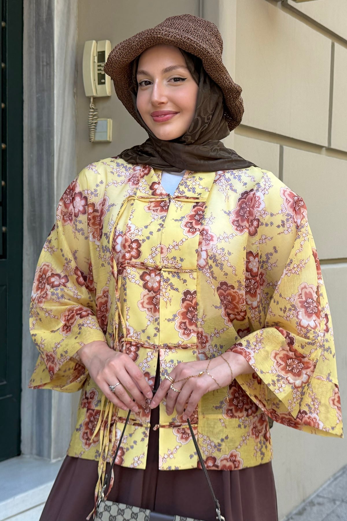 Süslü Düğmeli Dijital Baskı Bohem Motif Kimono-SARI