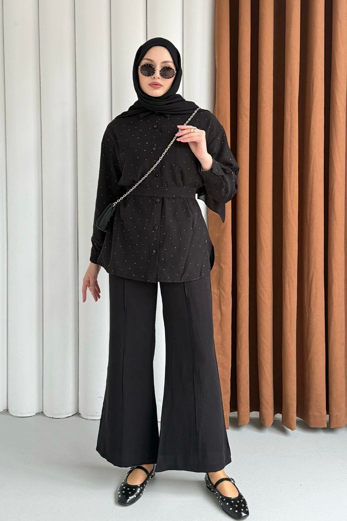 Taş Detaylı Gömlek Pantolon Tesettür Takım-SİYAH