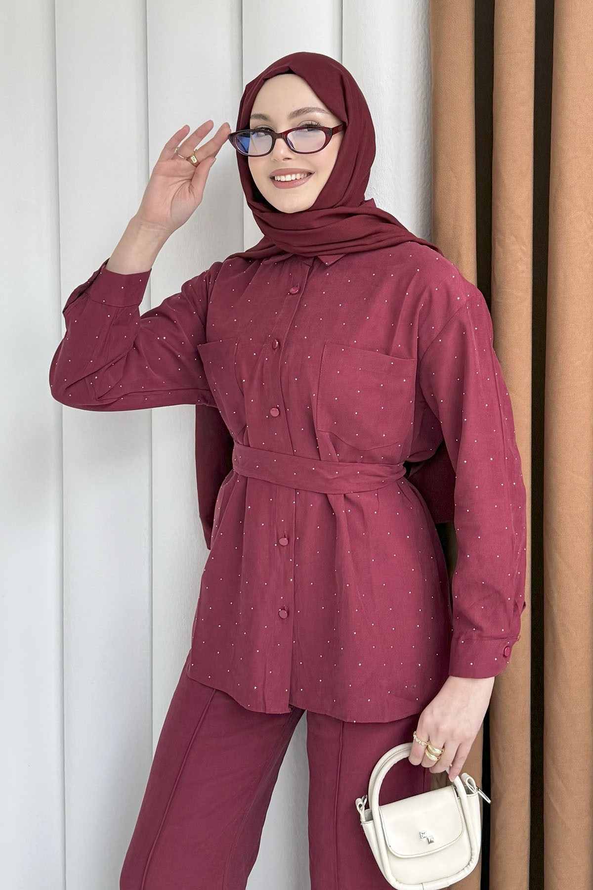 Taş Detaylı Gömlek Pantolon Tesettür Takım-BORDO