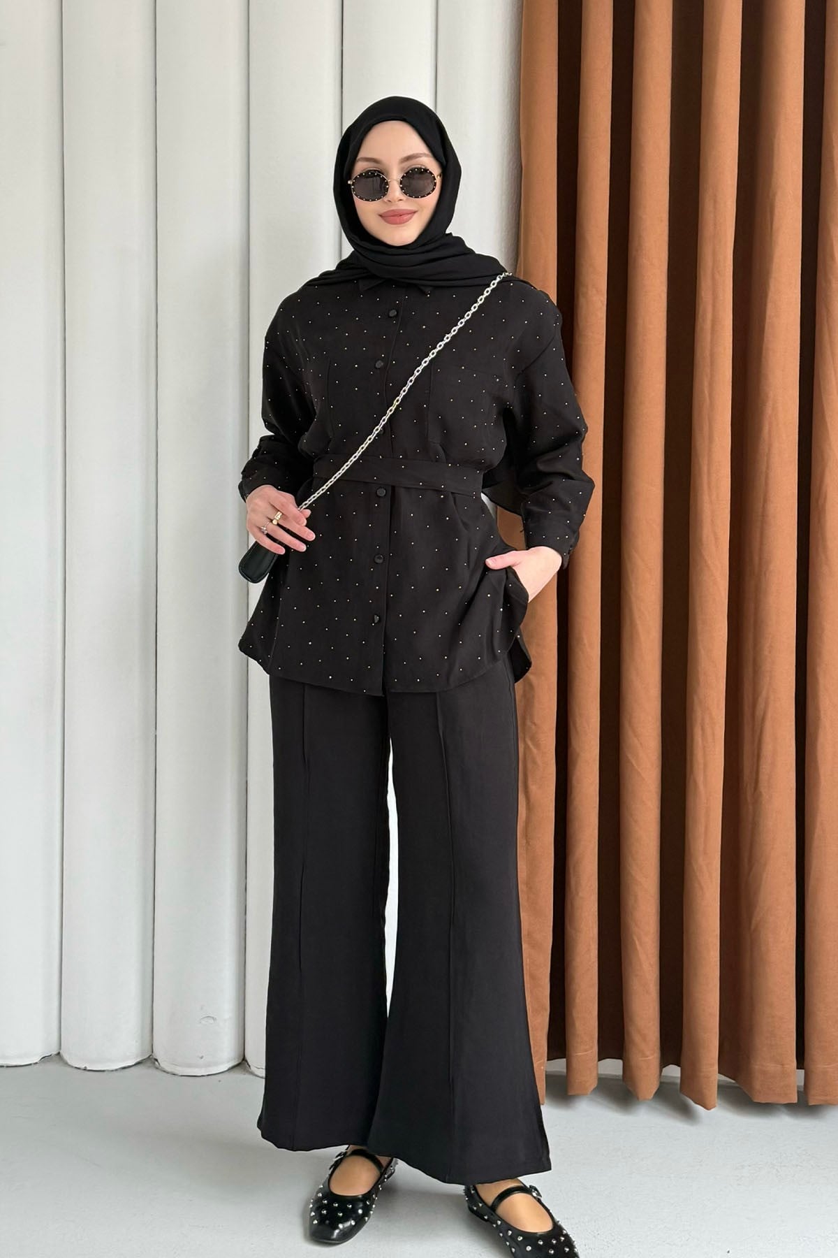 Taş Detaylı Gömlek Pantolon Tesettür Takım-SİYAH