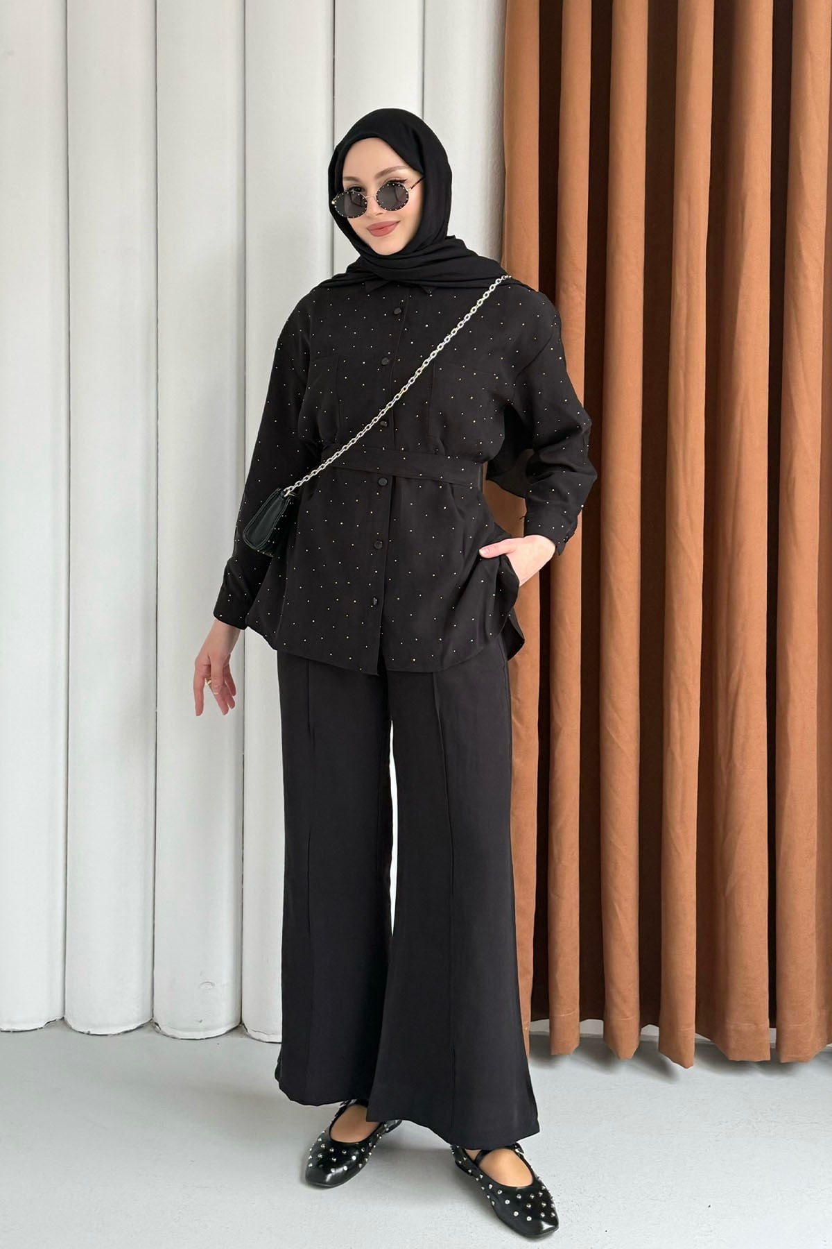 Taş Detaylı Gömlek Pantolon Tesettür Takım-SİYAH