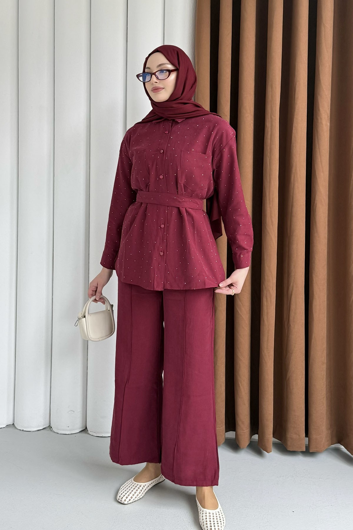 Taş Detaylı Gömlek Pantolon Tesettür Takım-BORDO