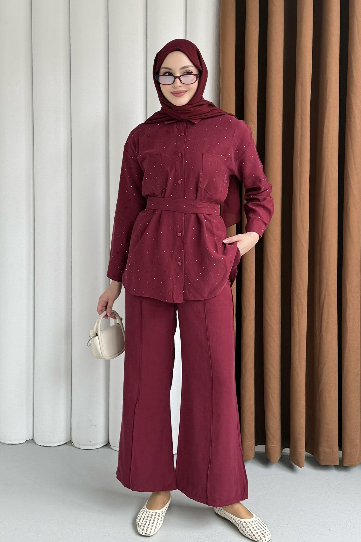 Taş Detaylı Gömlek Pantolon Tesettür Takım-BORDO