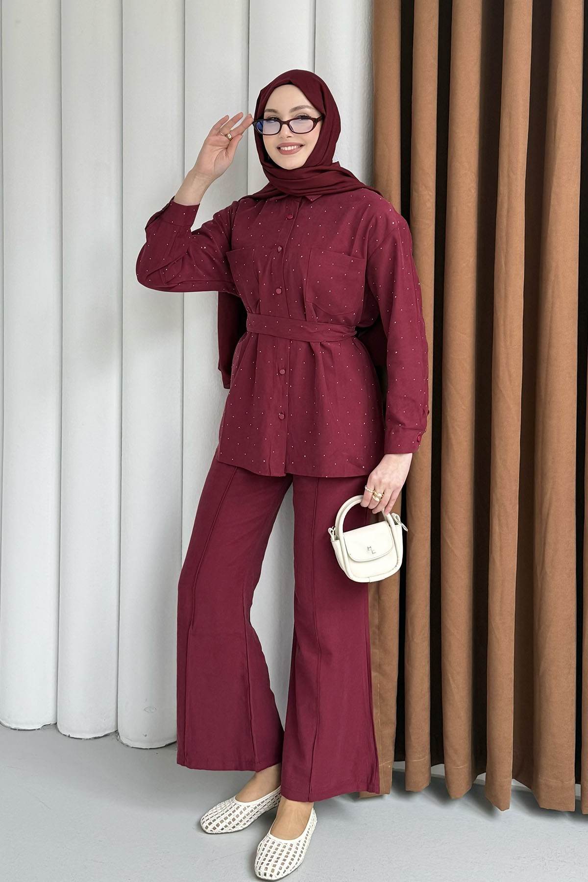 Taş Detaylı Gömlek Pantolon Tesettür Takım-BORDO