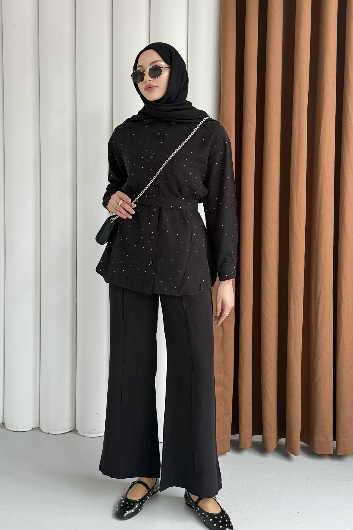 Taş Detaylı Gömlek Pantolon Tesettür Takım-SİYAH