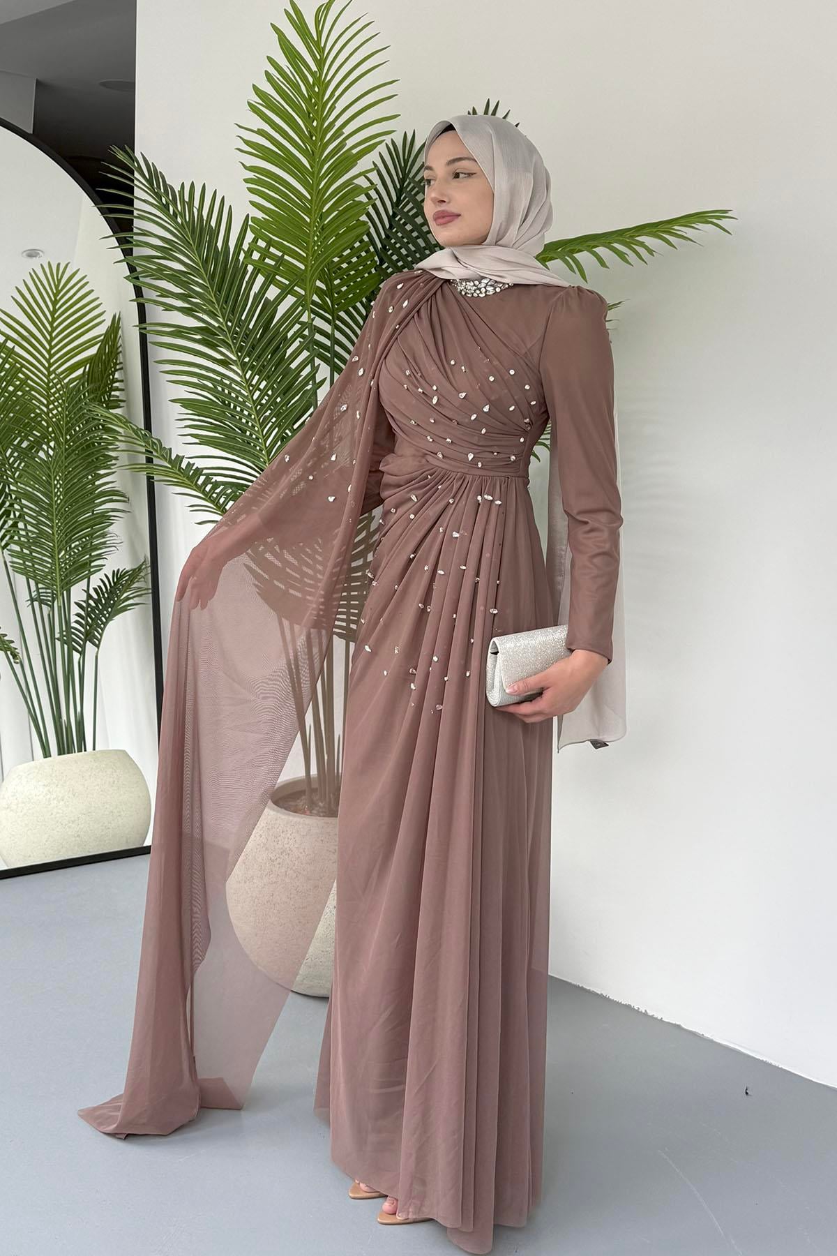 Taş Detaylı Pelerinli Jan Jan Tesettür Abiye-KAHVERENGİ