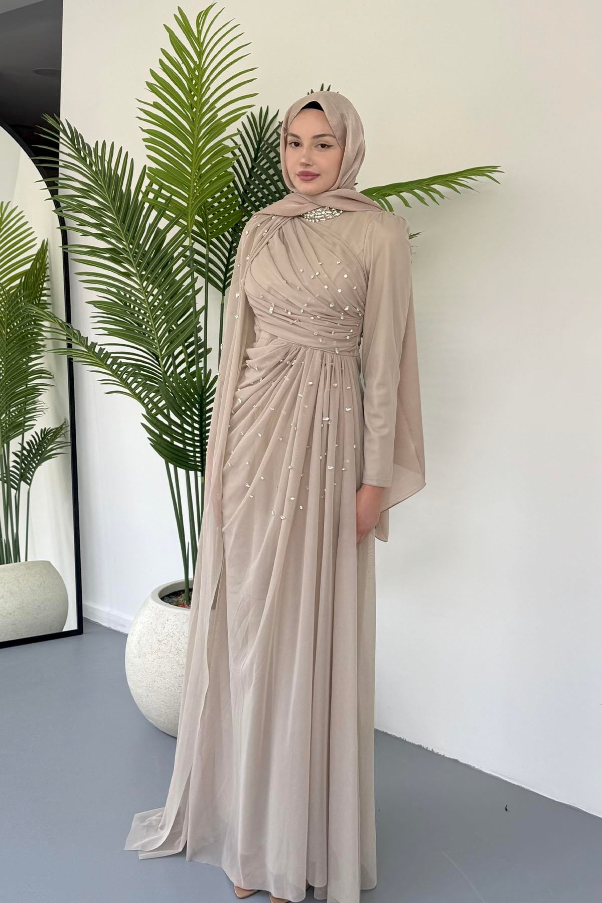 Taş Detaylı Pelerinli Jan Jan Tesettür Abiye-TAŞ