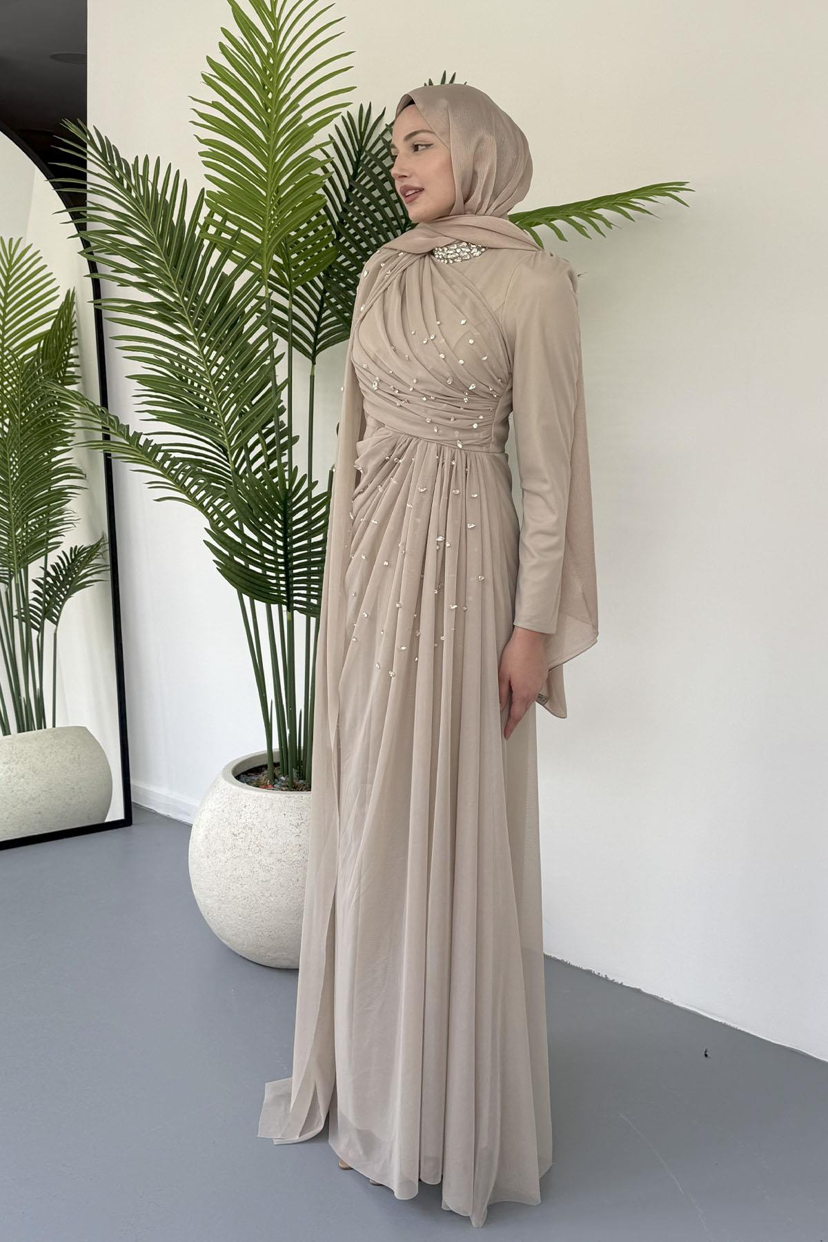 Taş Detaylı Pelerinli Jan Jan Tesettür Abiye-TAŞ