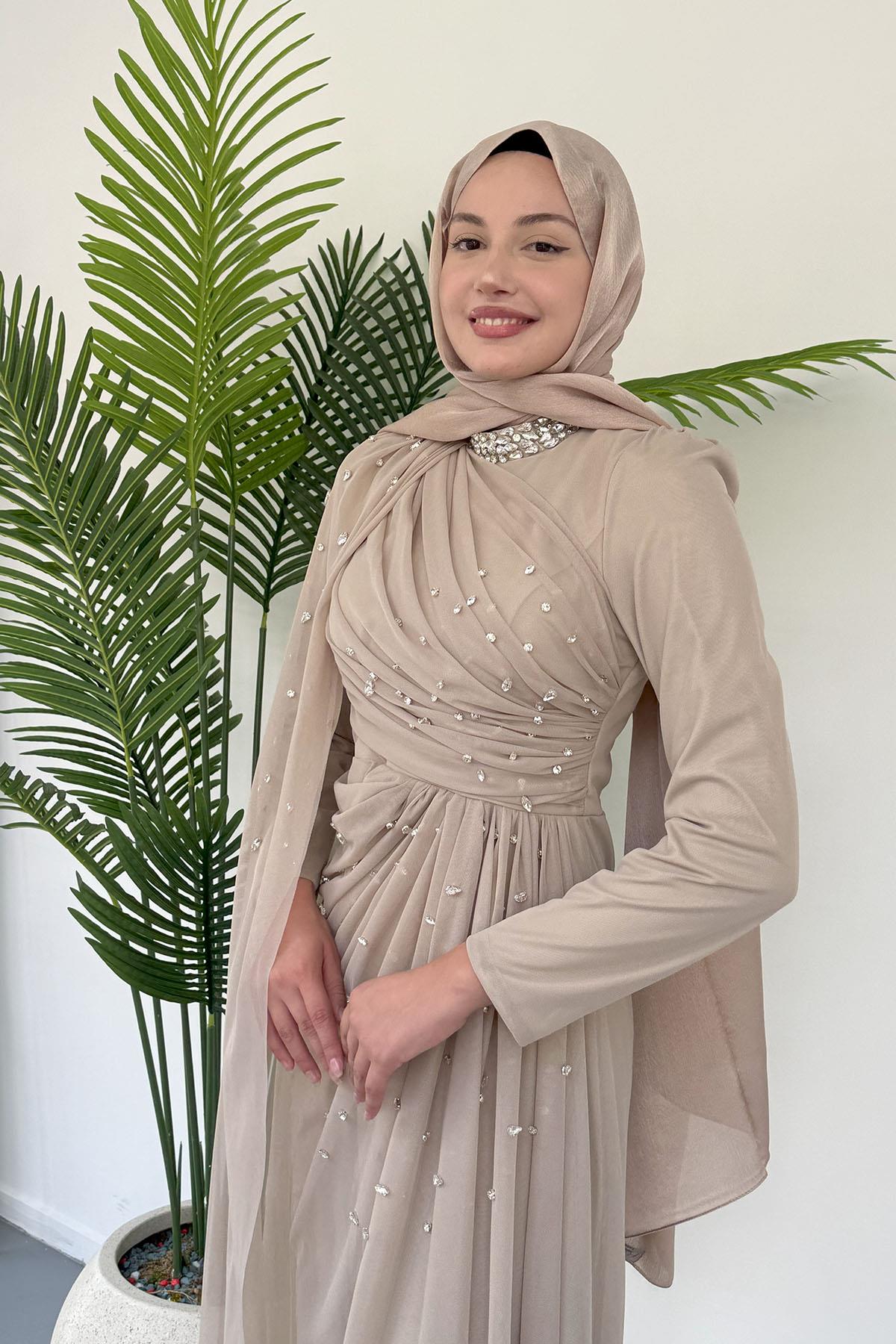 Taş Detaylı Pelerinli Jan Jan Tesettür Abiye-TAŞ