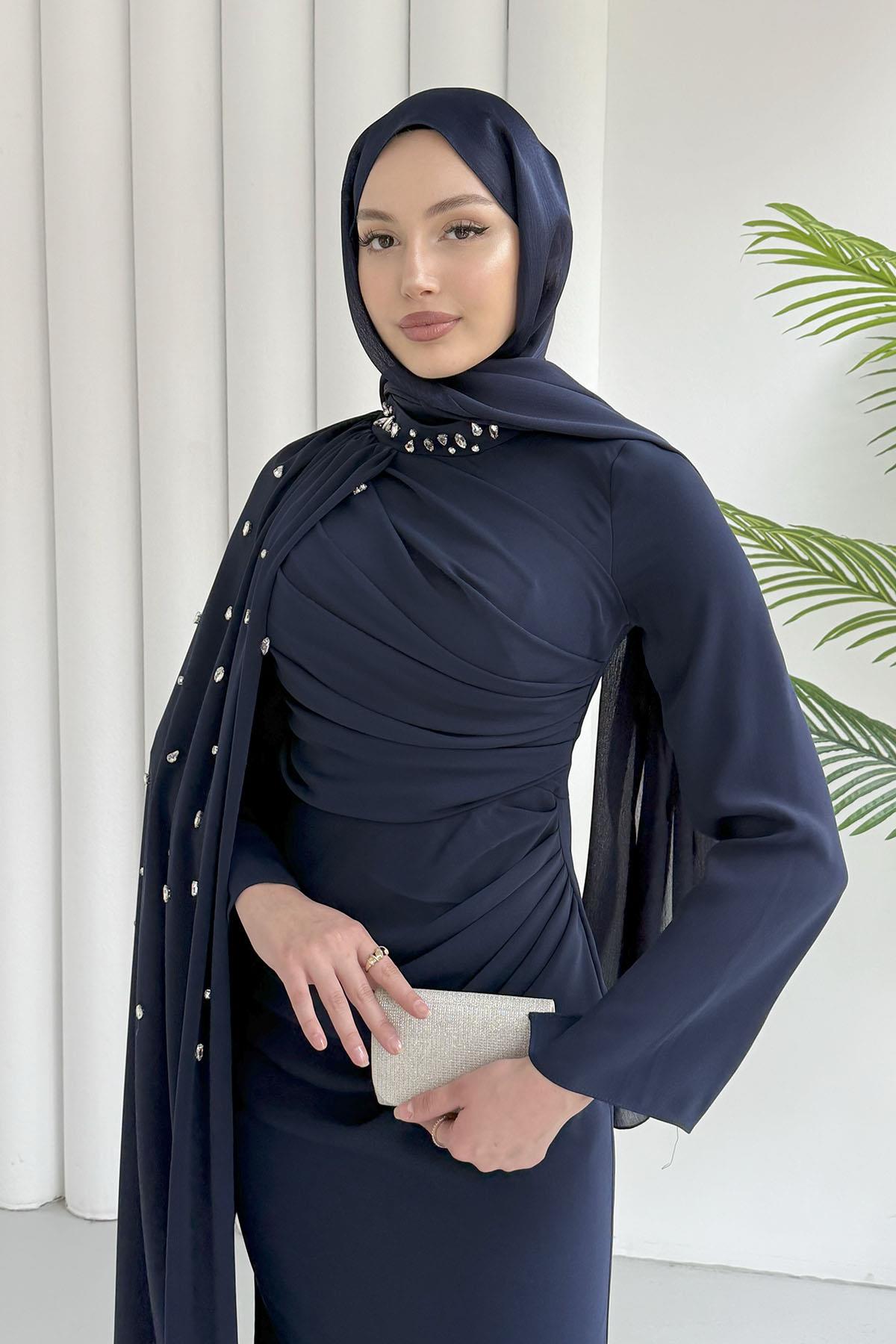 Taş Detaylı Pelerinli Tesettür Abiye-LACİVERT