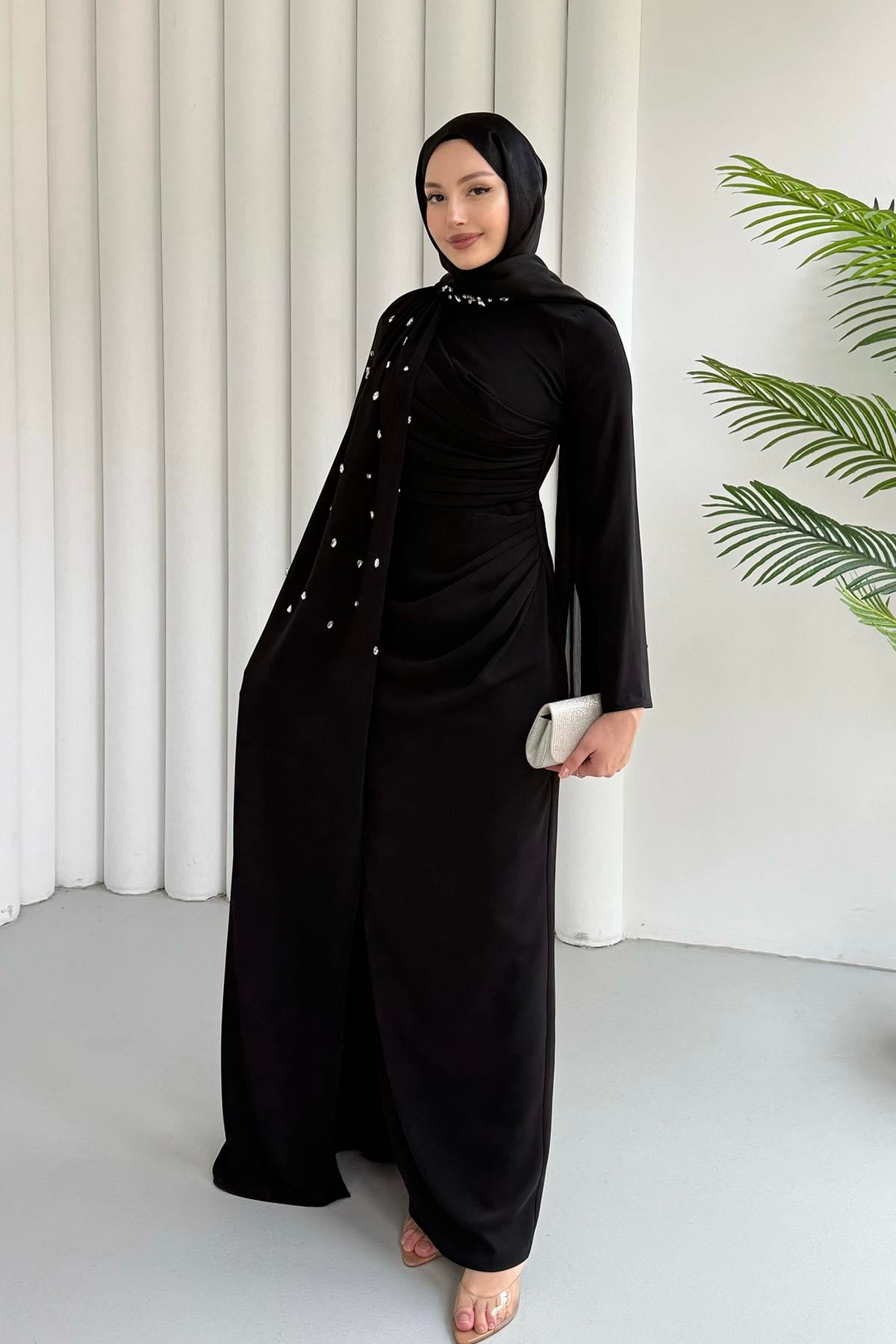 Taş Detaylı Pelerinli Tesettür Abiye-SİYAH