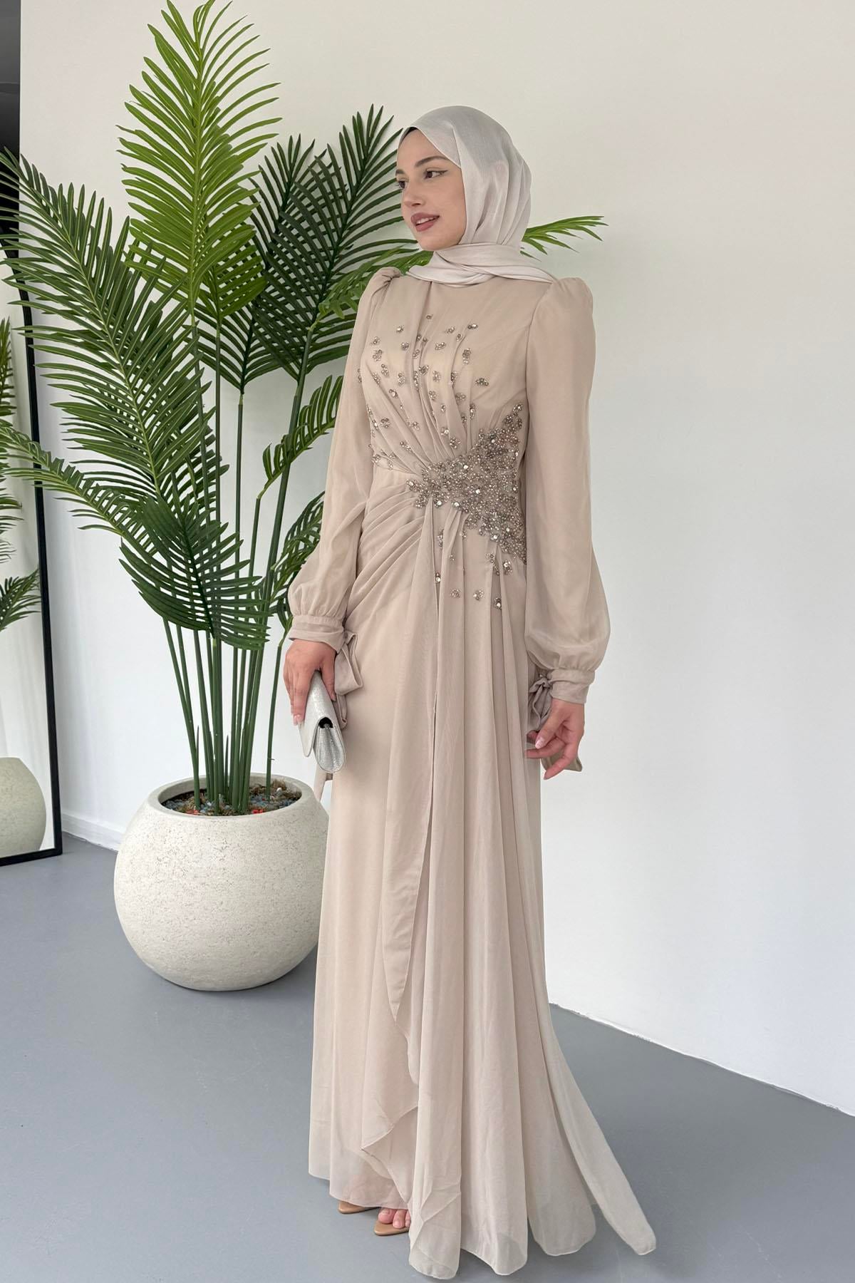 Taş Işıltılı Yandan Drapeli Tesettür Tül Abiye-TAŞ