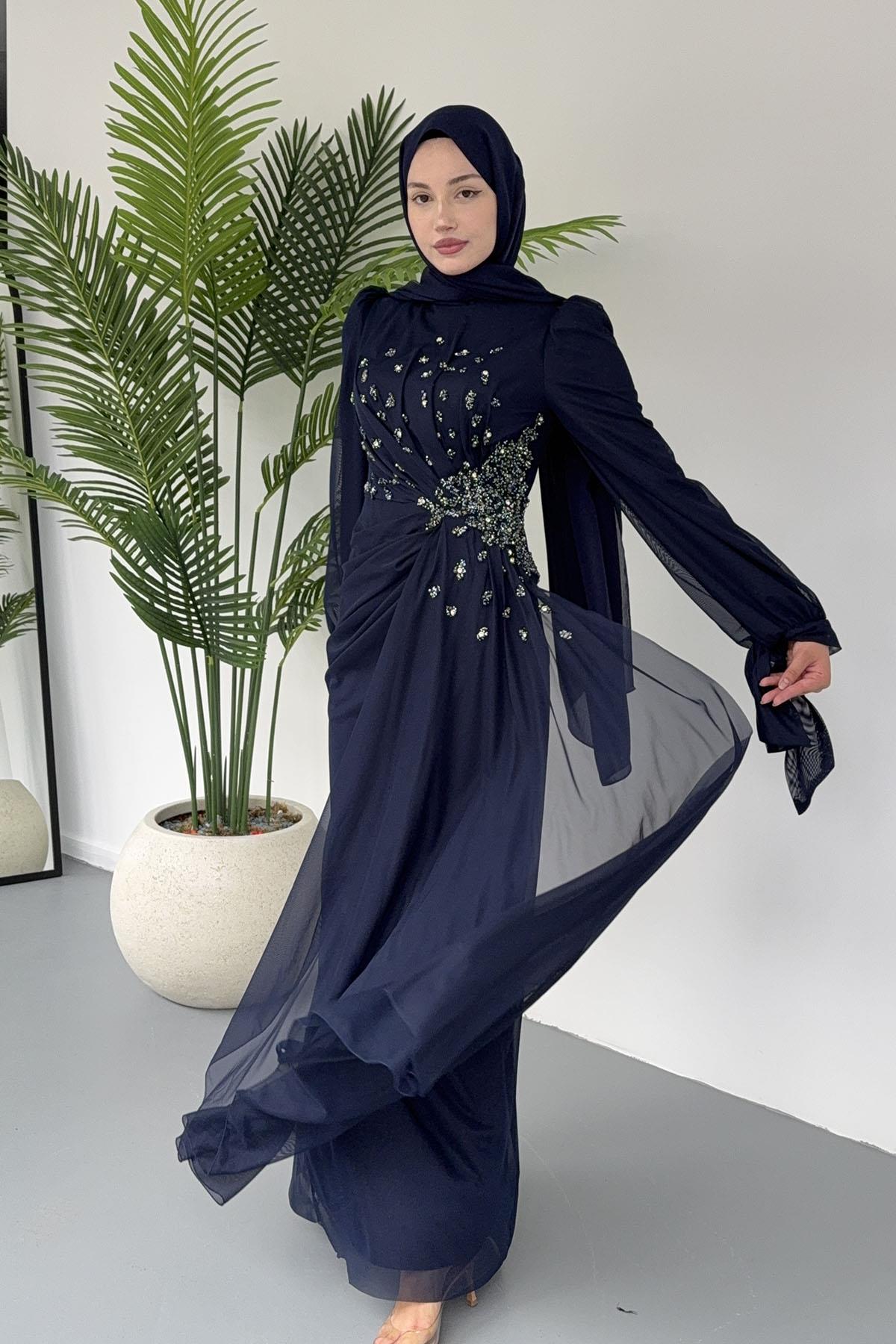Taş Işıltılı Yandan Drapeli Tesettür Tül Abiye-LACİVERT
