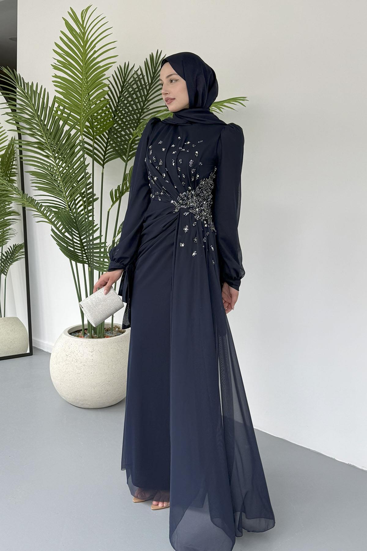 Taş Işıltılı Yandan Drapeli Tesettür Tül Abiye-LACİVERT