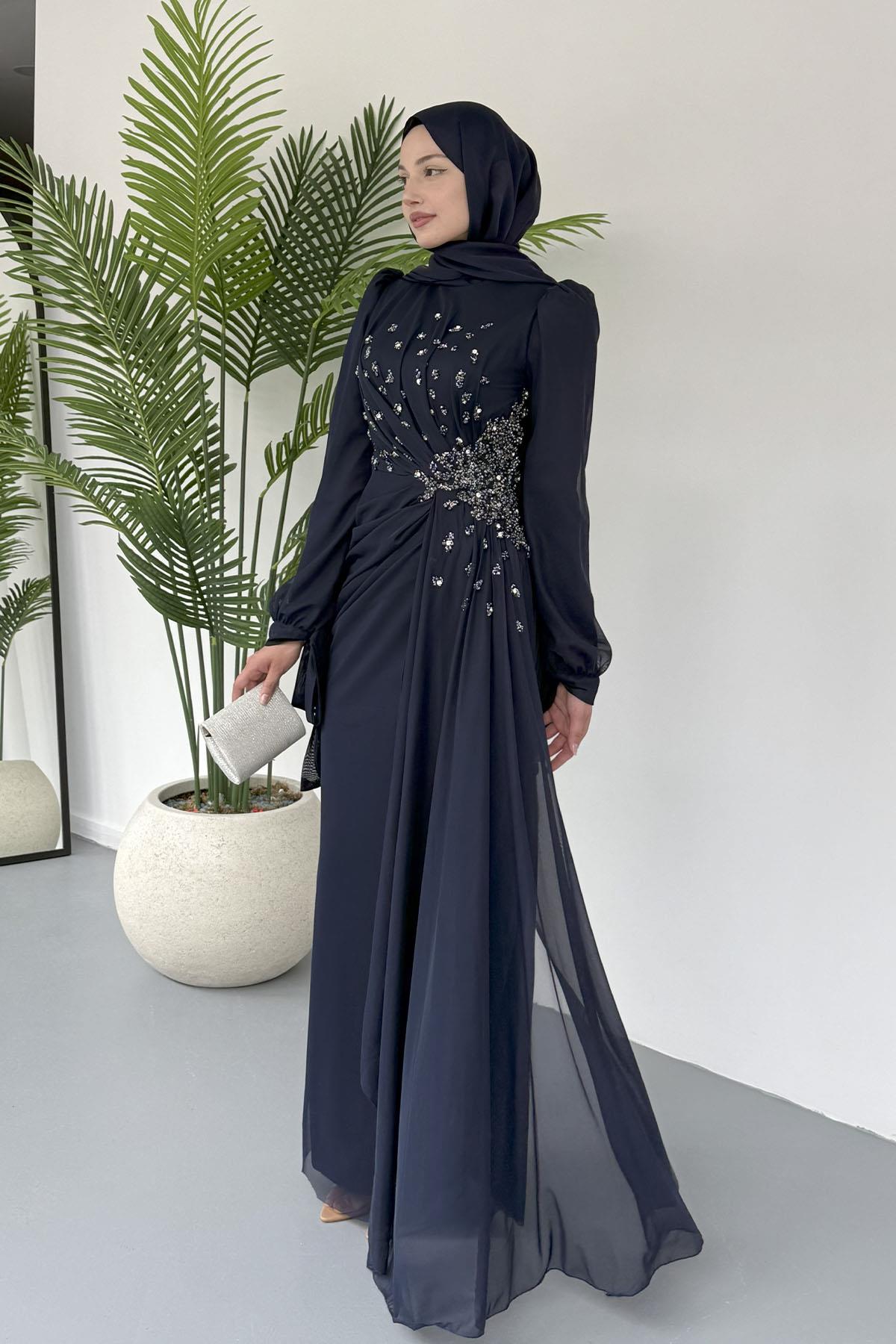 Taş Işıltılı Yandan Drapeli Tesettür Tül Abiye-LACİVERT