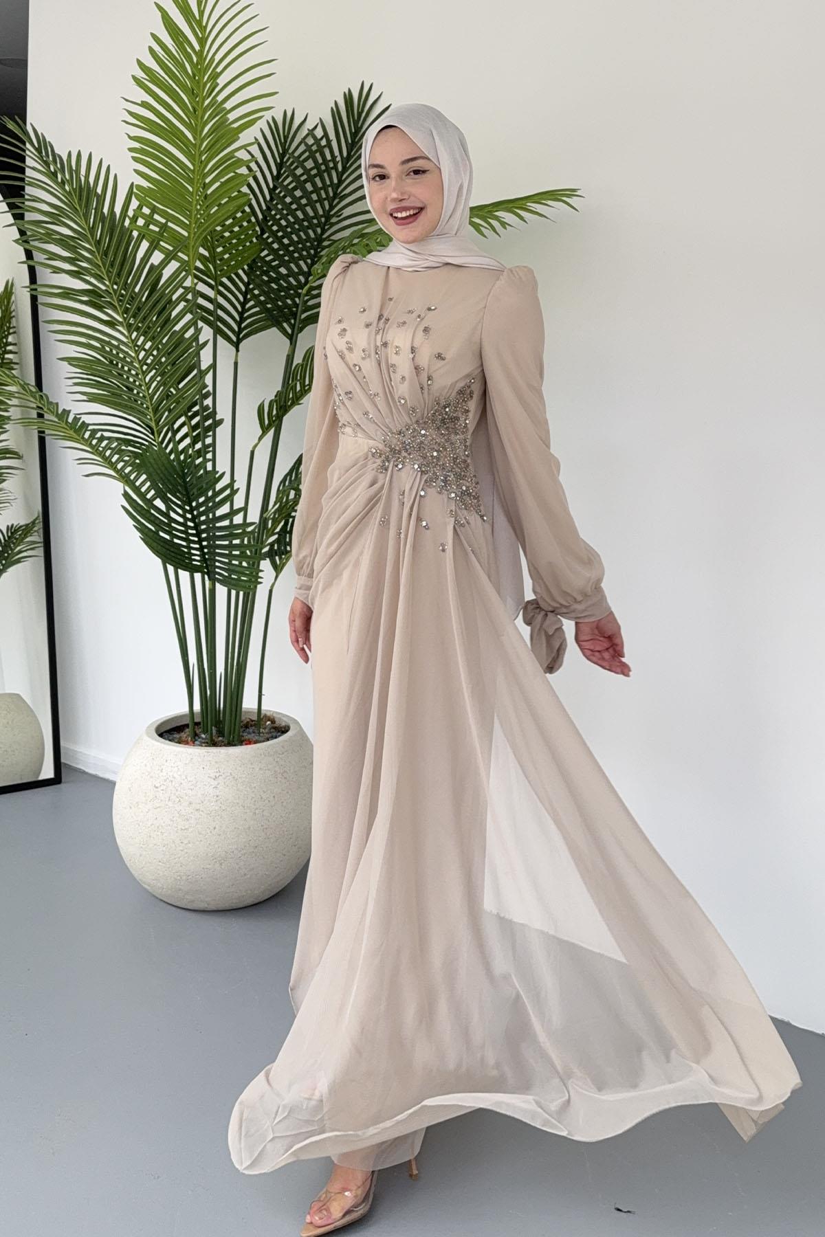 Taş Işıltılı Yandan Drapeli Tesettür Tül Abiye-TAŞ