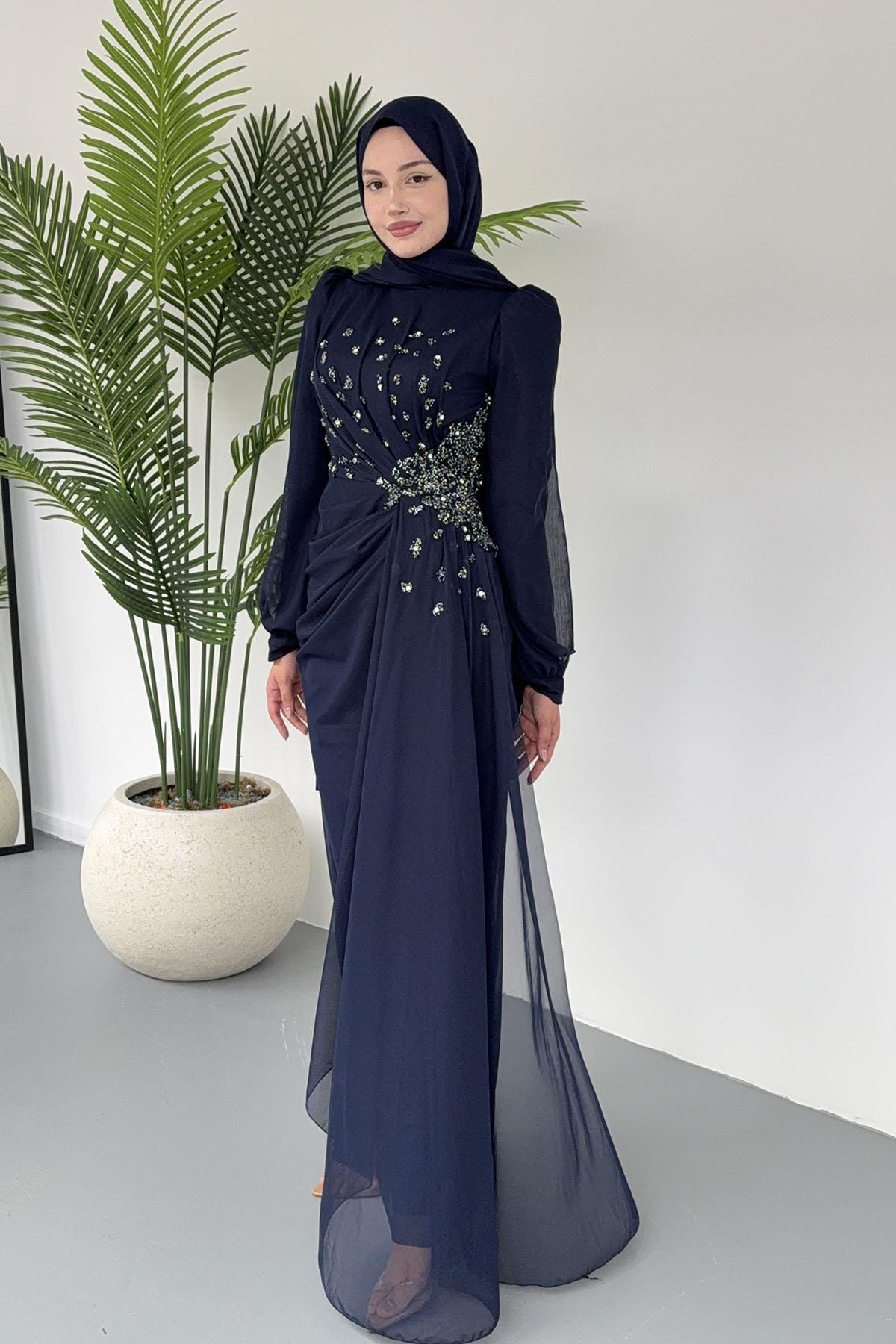 Taş Işıltılı Yandan Drapeli Tesettür Tül Abiye-LACİVERT