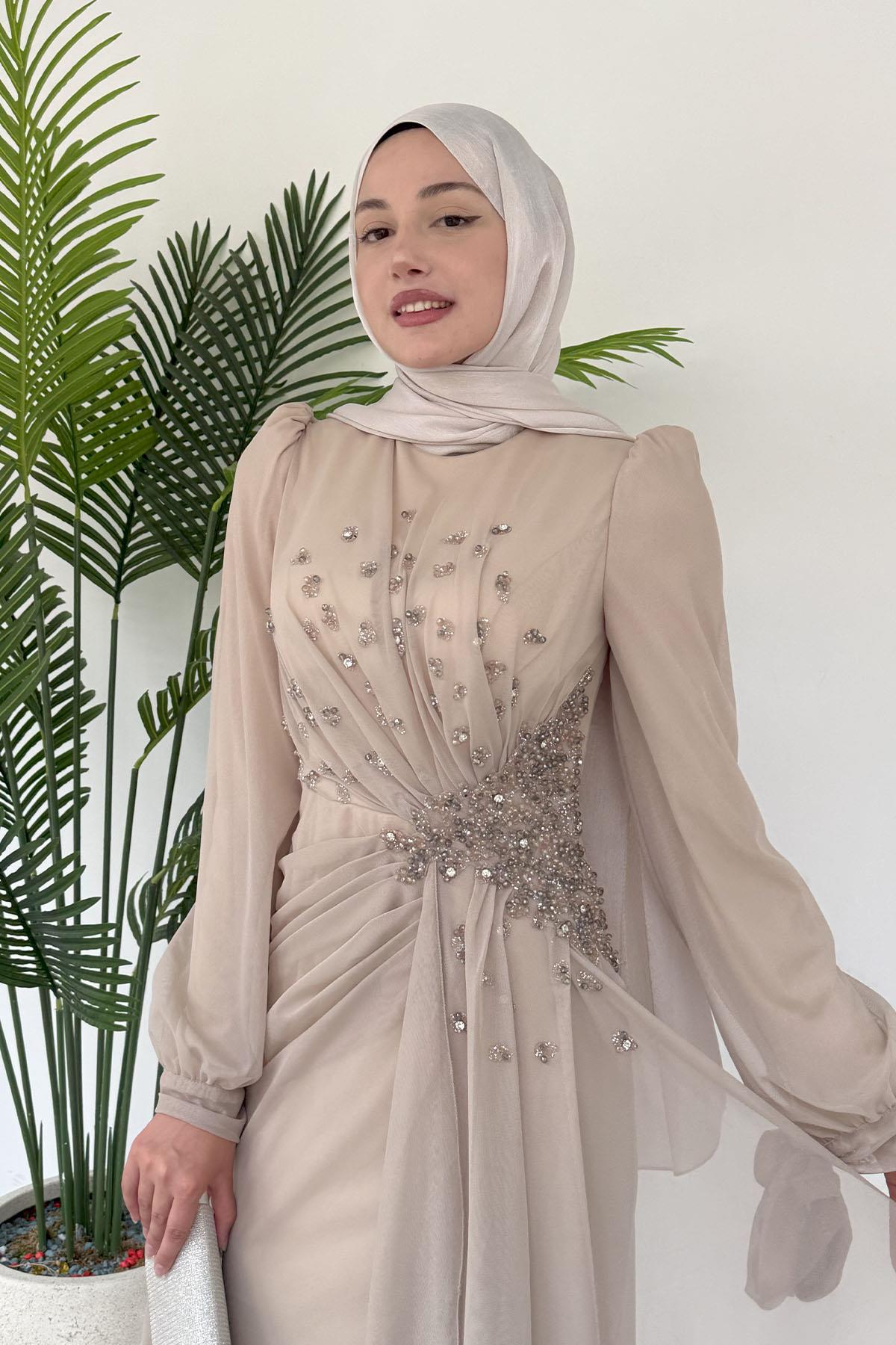 Taş Işıltılı Yandan Drapeli Tesettür Tül Abiye-TAŞ