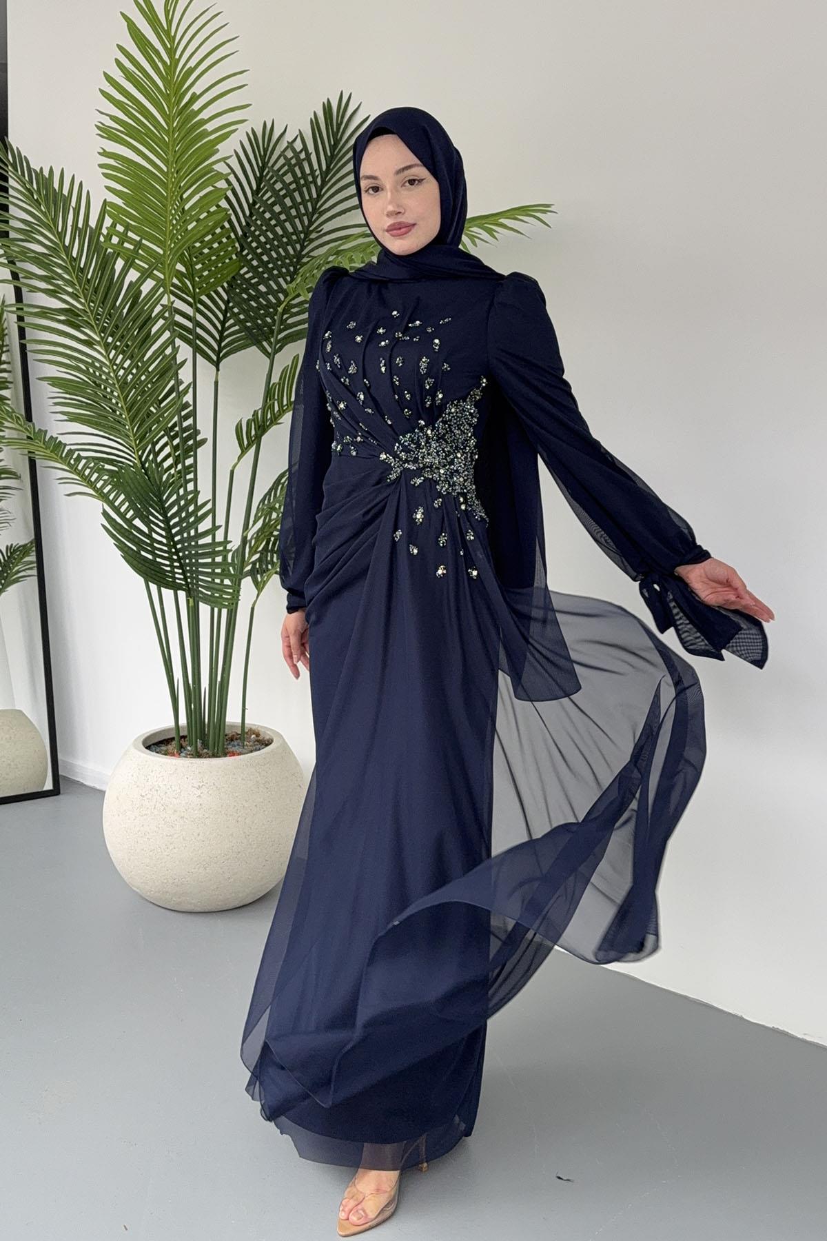 Taş Işıltılı Yandan Drapeli Tesettür Tül Abiye-LACİVERT